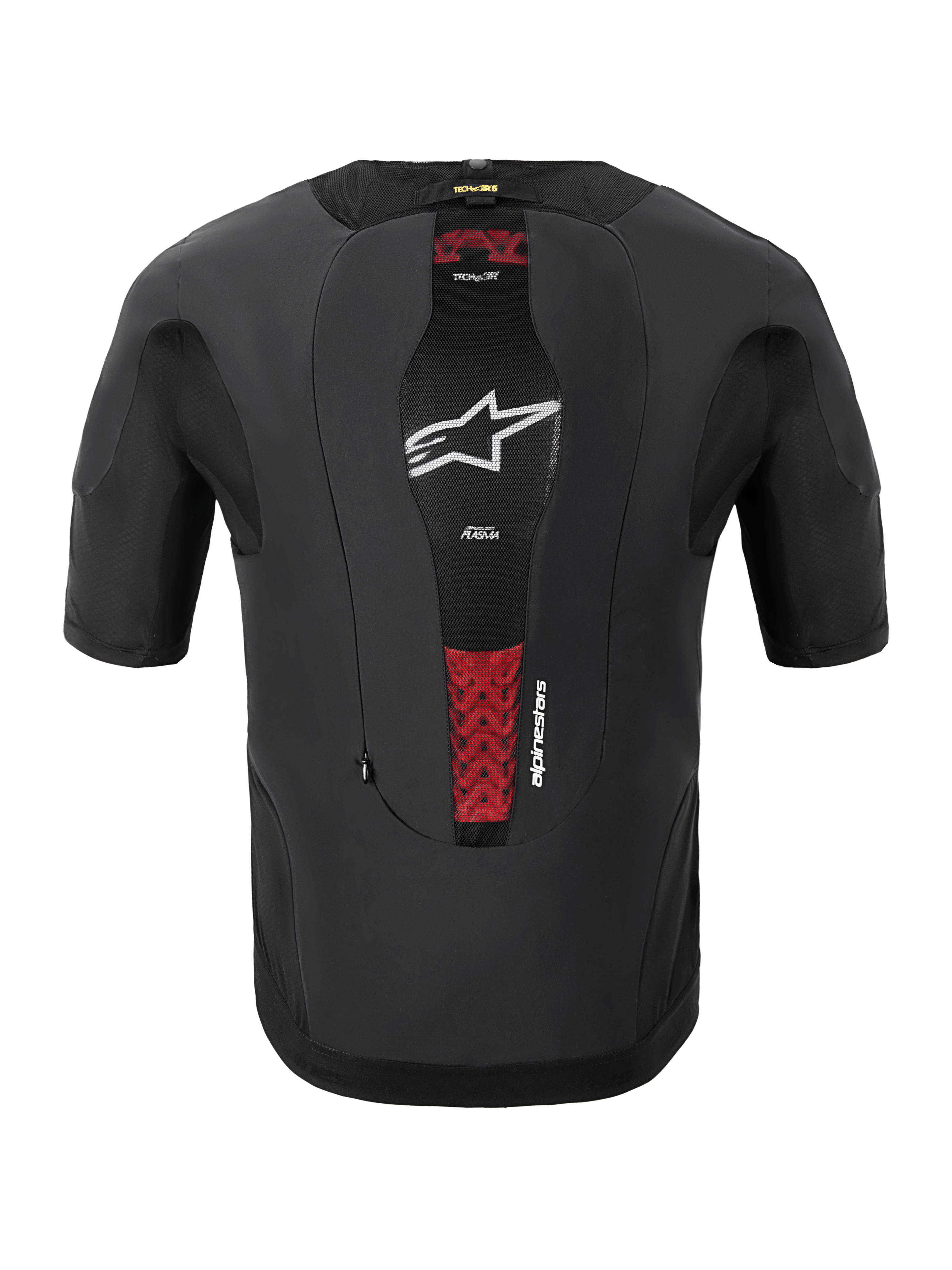 Alpinestars Tech-Air® 5 Plasma System, sistema airbag da moto, vista posteriore, nero, con pannello centrale in mesh, logo a stella bianco e accenti rossi del paraschiena PLASMA interno, design slim-fit a maniche corte per protezione sotto la giacca