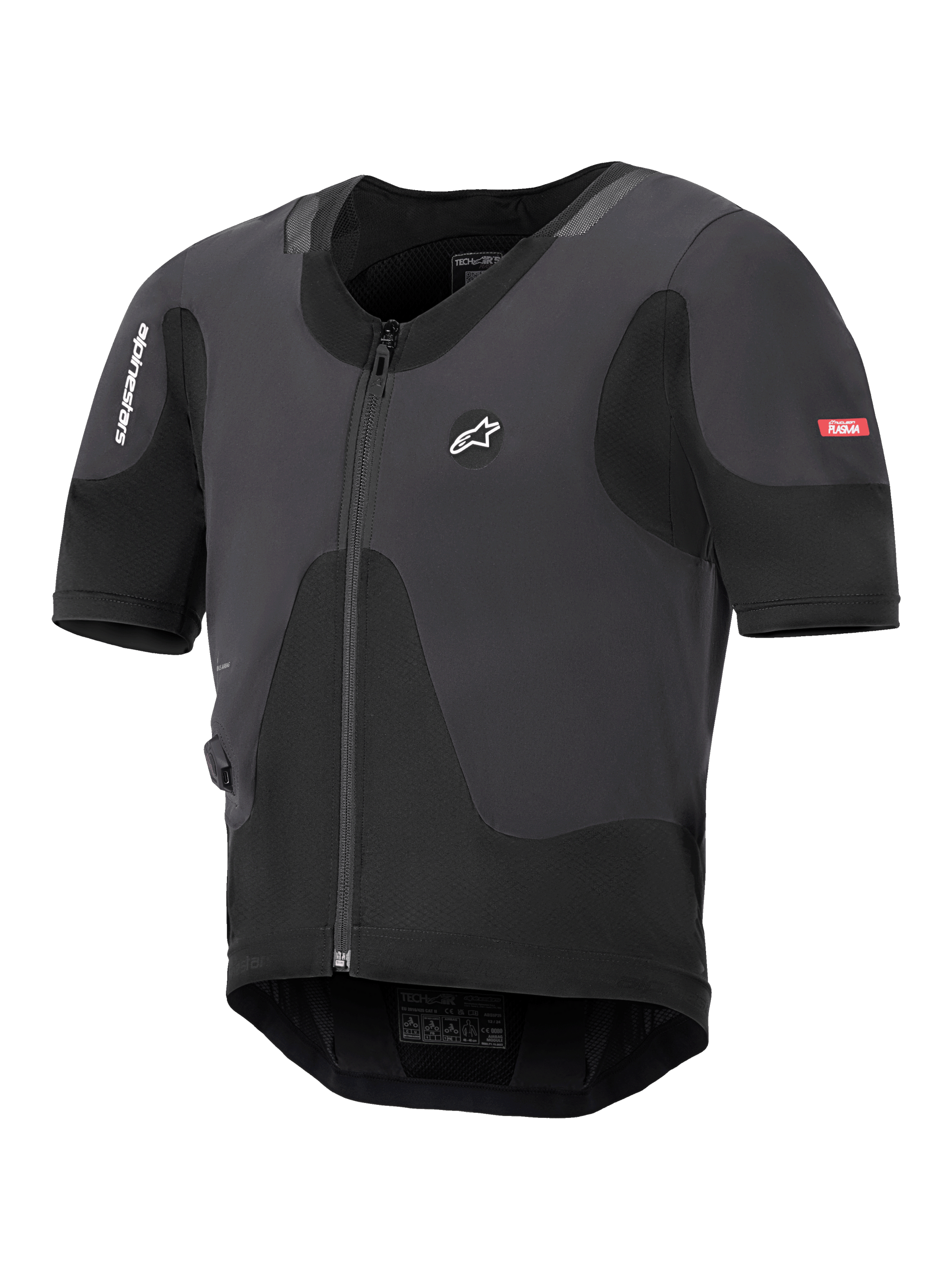 Alpinestars Tech-Air 5 Plasma System, gilet airbag da moto nero, profilo sottile con zip frontale e maniche corte, con pannelli in mesh traspirante e branding Alpinestars, progettato per la protezione sotto la giacca