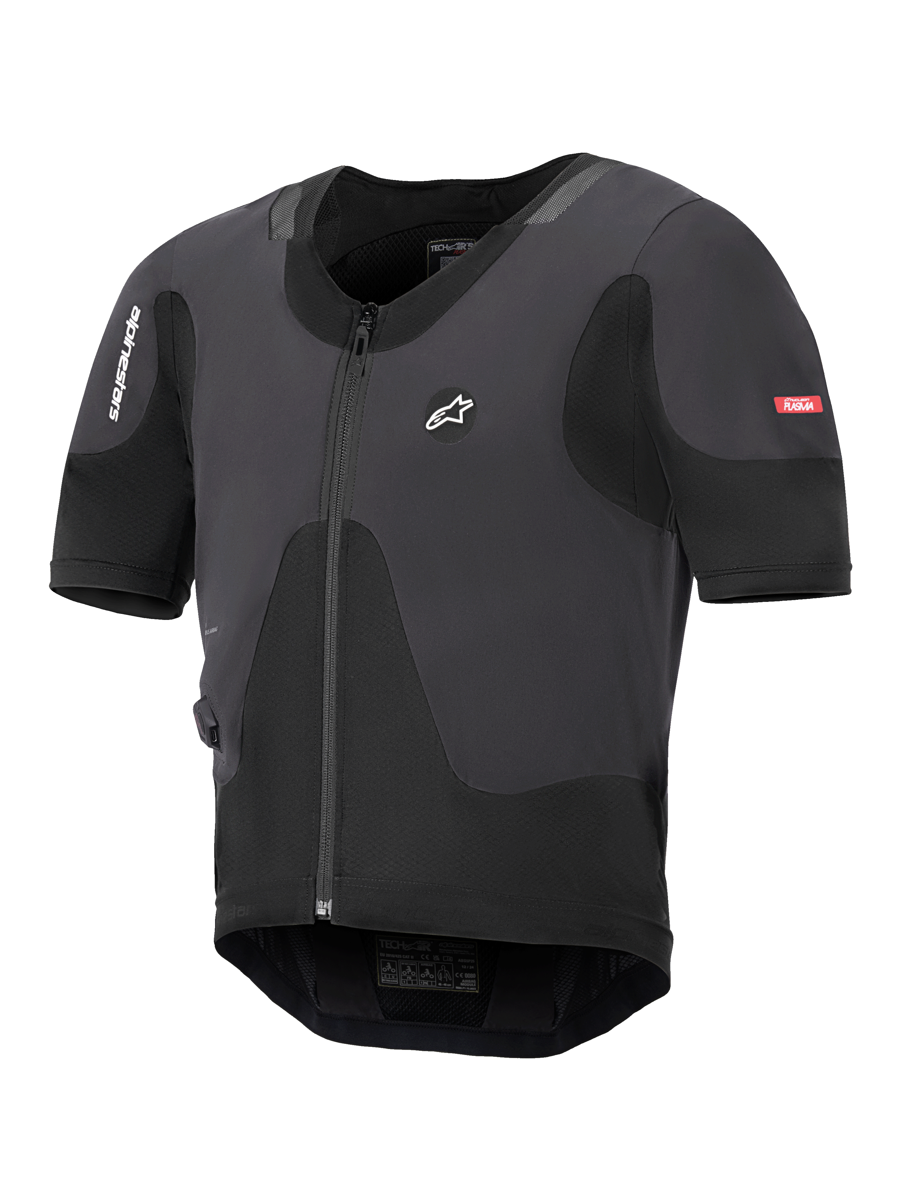 Alpinestars Tech-Air 5 Plasma System, gilet airbag da moto nero, profilo sottile con zip frontale e maniche corte, con pannelli in mesh traspirante e branding Alpinestars, progettato per la protezione sotto la giacca