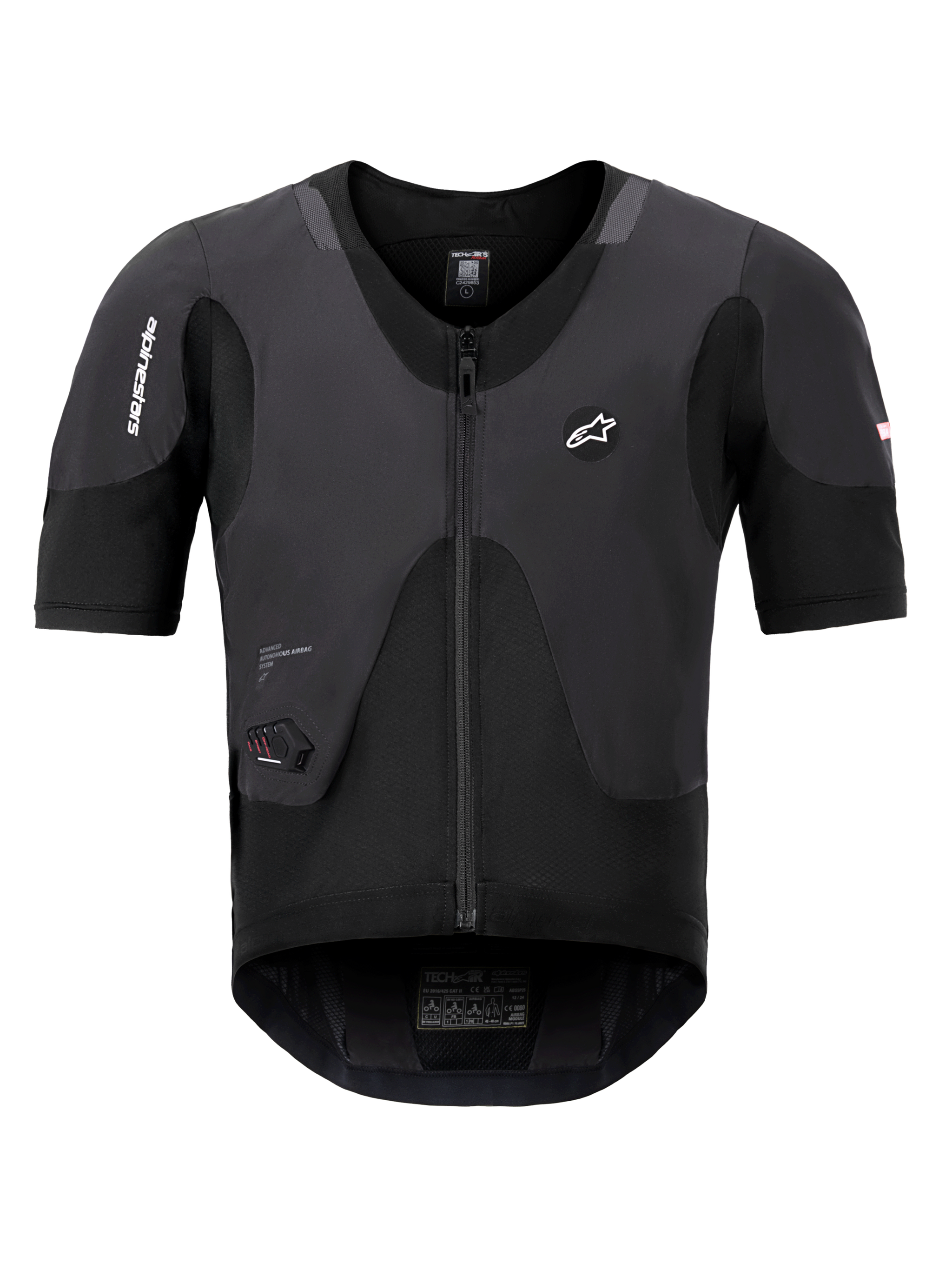 Alpinestars Tech-Air 5 Plasma System, gilet airbag nero, vista frontale con maniche corte e cerniera centrale, logo Alpinestars e display di stato a LED integrato, sottotuta protettivo ultra-sottile per la sicurezza motociclistica
