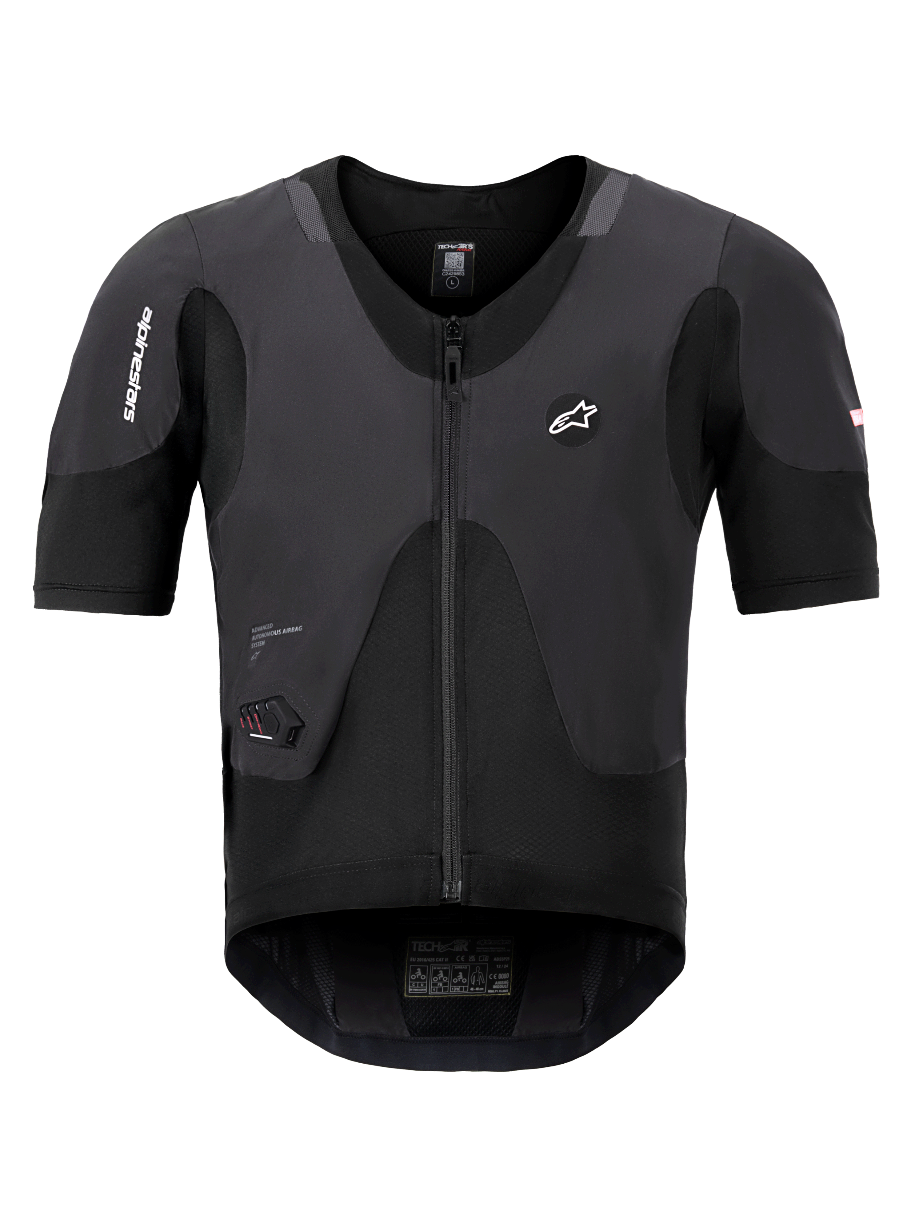 Alpinestars Tech-Air 5 Plasma System, gilet airbag nero, vista frontale con maniche corte e cerniera centrale, logo Alpinestars e display di stato a LED integrato, sottotuta protettivo ultra-sottile per la sicurezza motociclistica