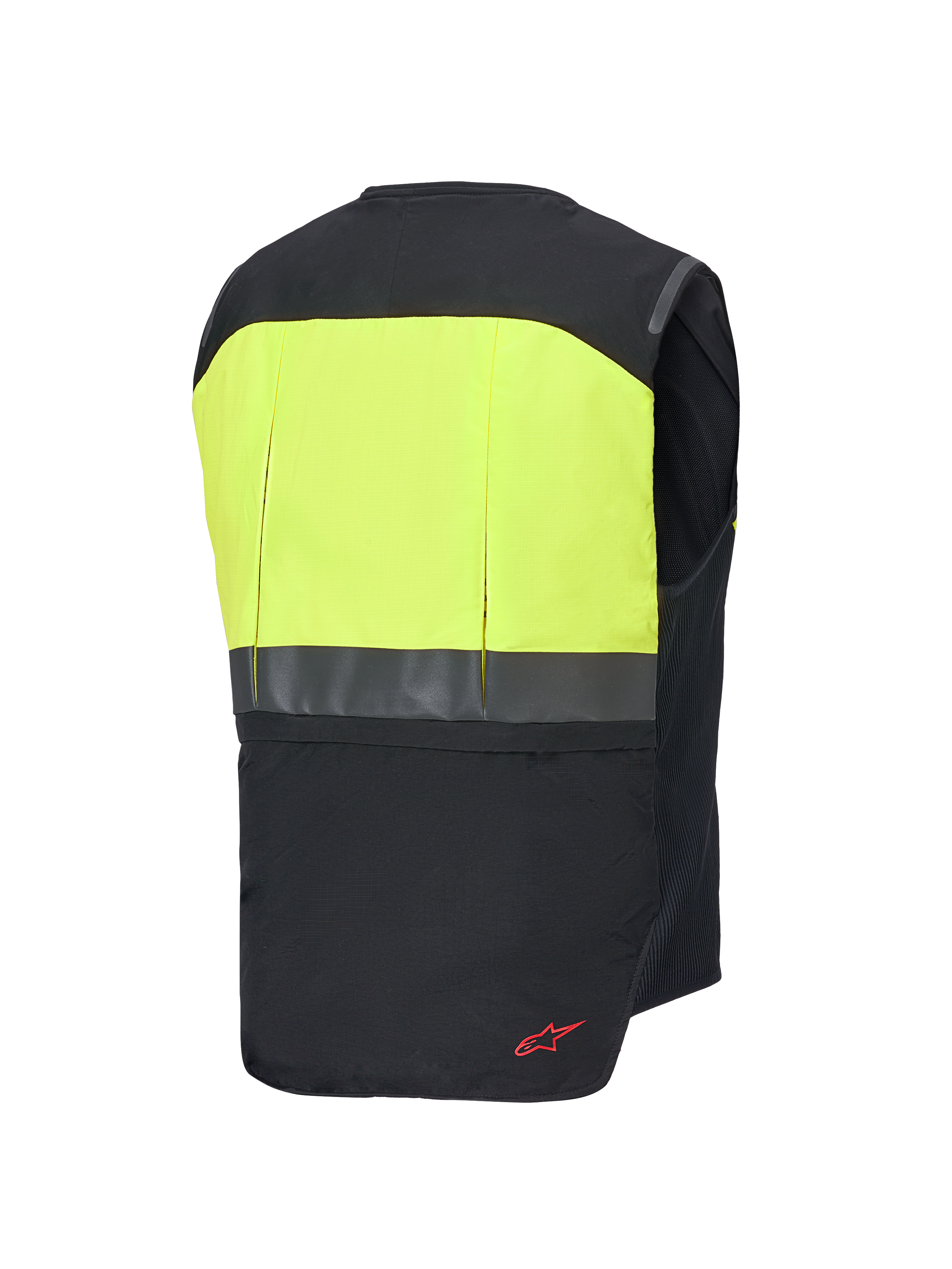 Sistema Alpinestars Tech-Air® 3 V2, gilet airbag da moto, vista posteriore, nero e giallo fluo, con pannello posteriore superiore in giallo ad alta visibilità, striscia orizzontale riflettente e dettaglio del logo rosso