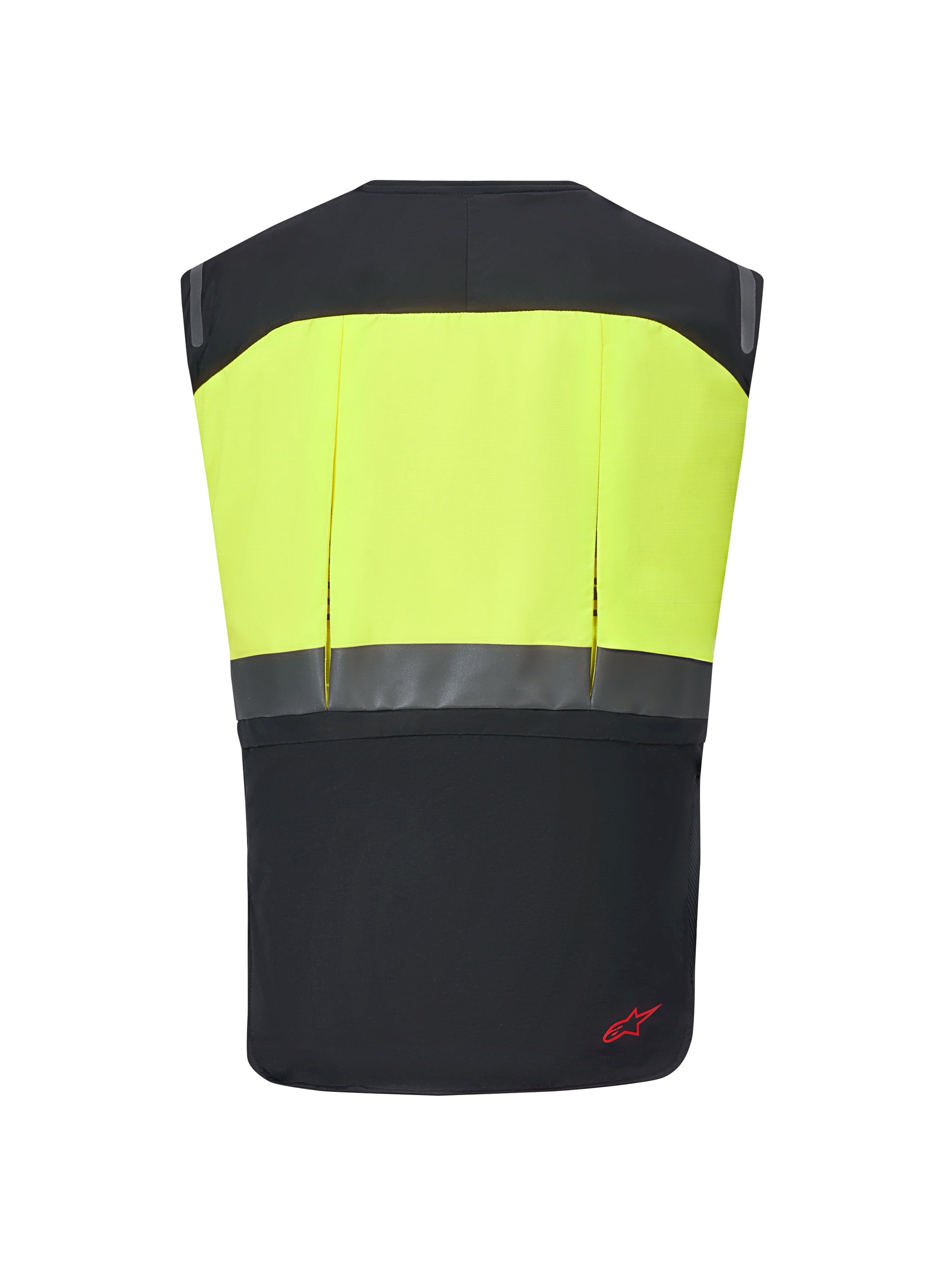 Alpinestars Tech-Air® 3 V2 System, gilet airbag da moto, nero e giallo fluo, vista posteriore con sezione superiore gialla ad alta visibilità e striscia orizzontale riflettente, protezione sottile e leggera per il touring e il commuting