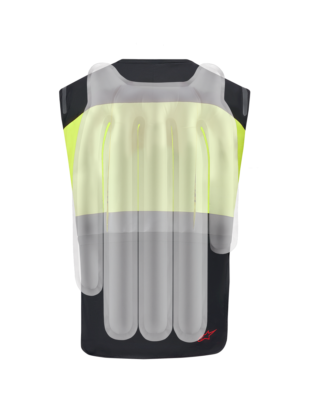 Alpinestars Tech-Air® 3 V2 System, gilet airbag da moto, nero e giallo fluo, vista posteriore con sovrapposizione traslucida che mostra le camere d'aria interne dell'airbag per la protezione della colonna vertebrale e delle spalle