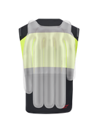 Alpinestars Tech-Air® 3 V2 System, gilet airbag da moto, nero e giallo fluo, vista posteriore con sovrapposizione traslucida che mostra le camere d'aria interne dell'airbag per la protezione della colonna vertebrale e delle spalle