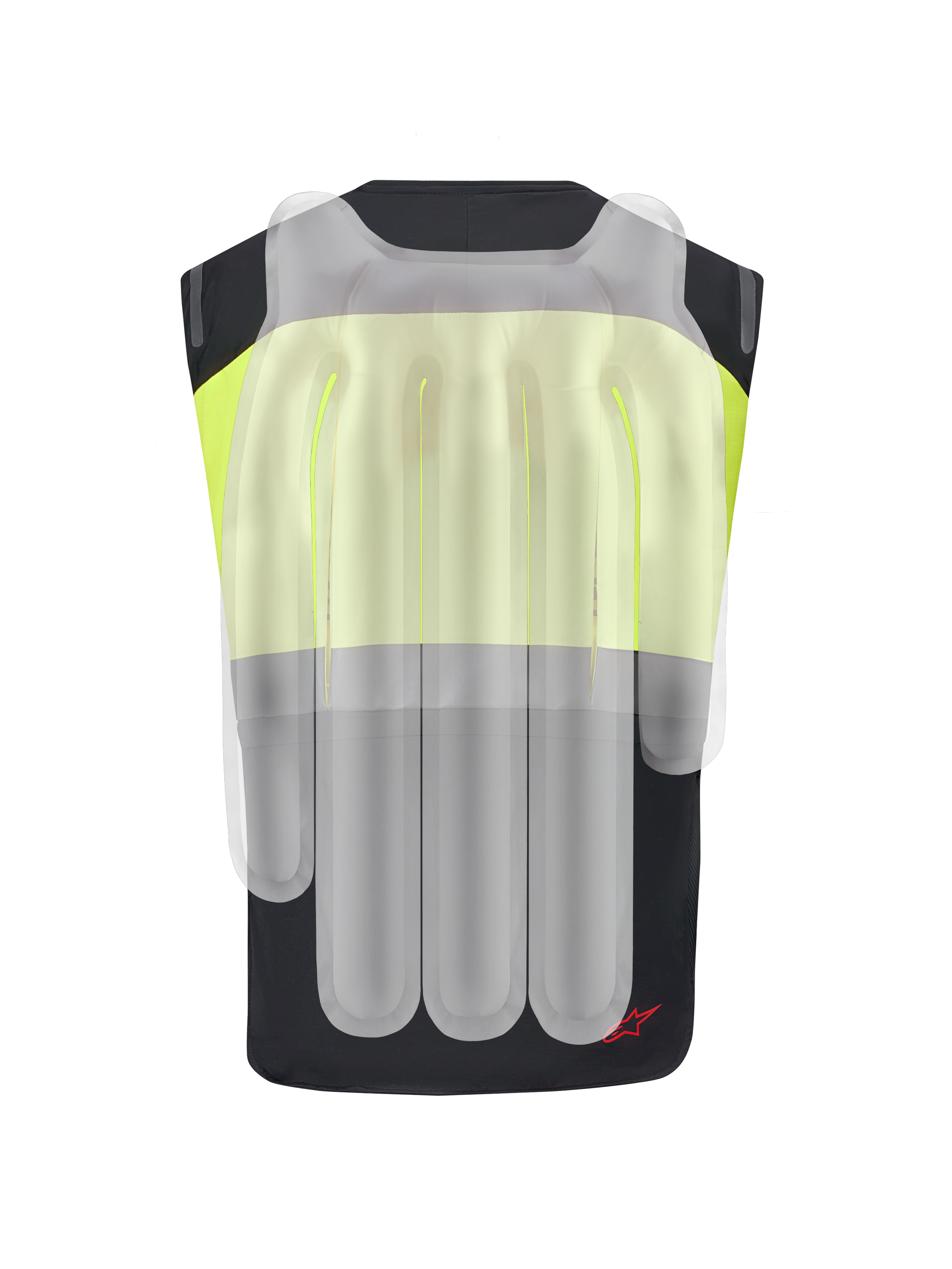 Alpinestars Tech-Air® 3 V2 System, gilet airbag da moto, nero e giallo fluo, vista posteriore con sovrapposizione traslucida che mostra le camere d'aria interne dell'airbag per la protezione della colonna vertebrale e delle spalle