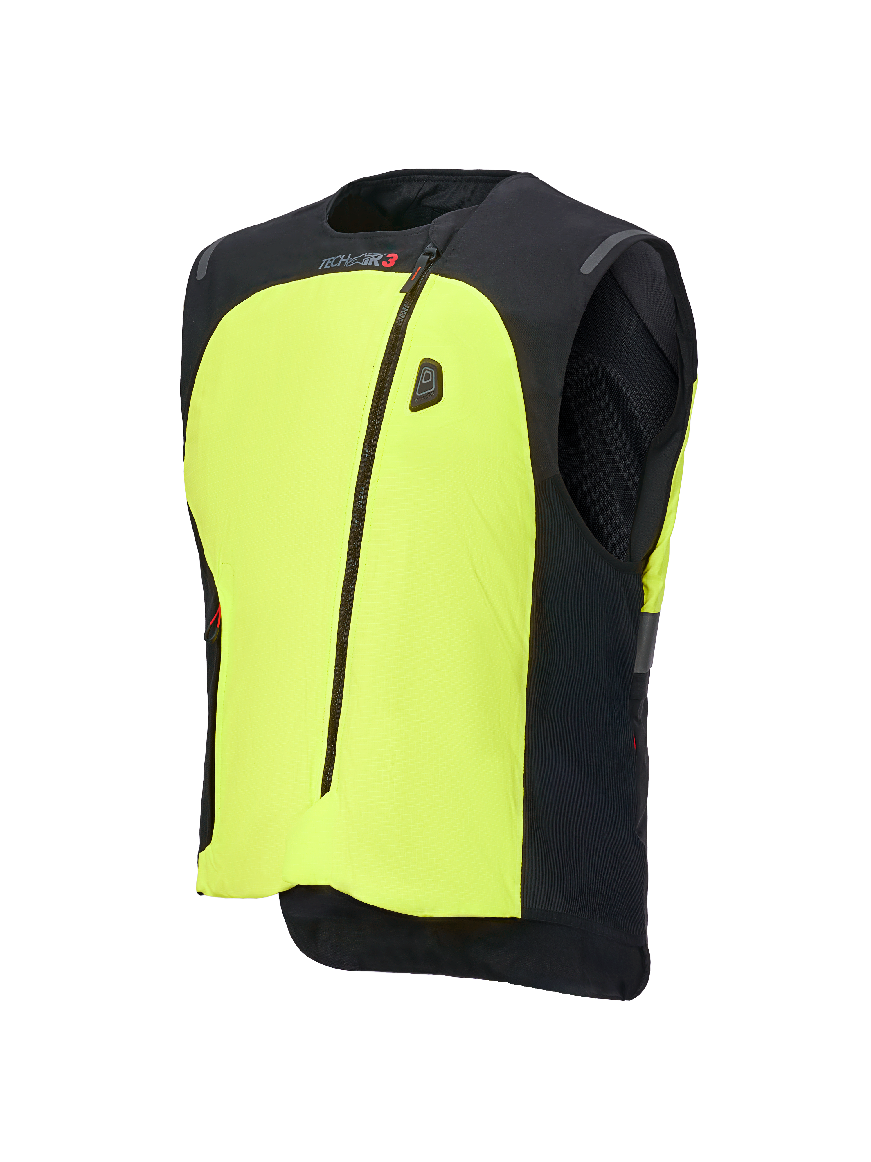 Alpinestars Tech-Air® 3 V2 System, gilet airbag da moto, nero e giallo fluo, con pannello frontale giallo neon, cerniera centrale, display di stato a LED integrato e logo Tech-Air, protezione airbag autonoma leggera per la guida su strada