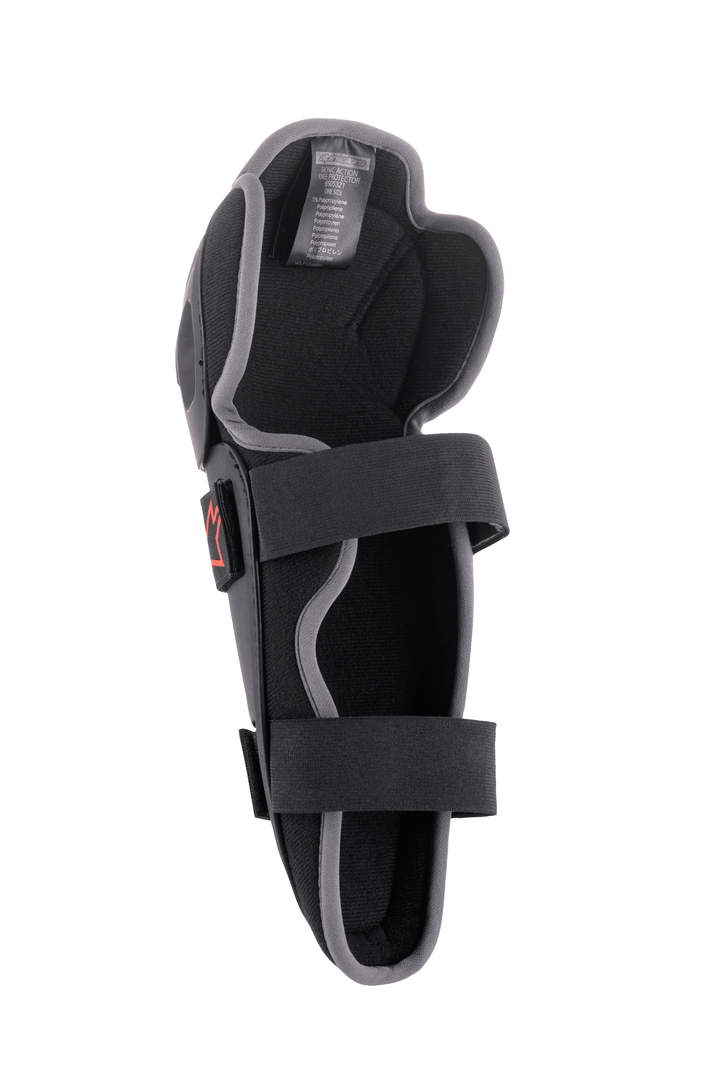 Alpinestars Bionic Action Knee Protector, ginocchiera da motocross, nero e grigio, vista interna con doppio sistema di cinghie elasticizzate, imbottitura in schiuma e design asimmetrico ergonomico per la guida fuoristrada