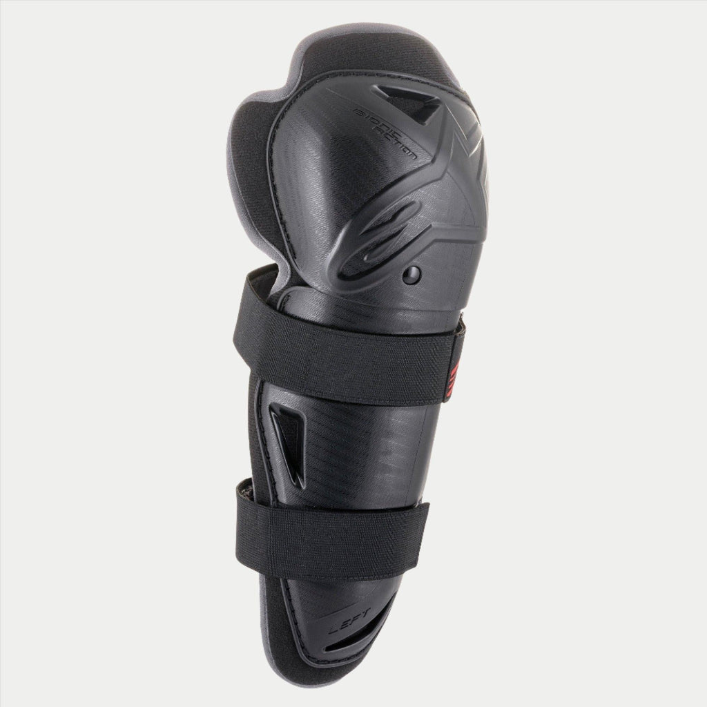 Alpinestars Youth Bionic Action Knee Protector, nero, protezione singola con doppie cinghie elasticizzate, guscio ergonomico asimmetrico in plastica con logo in rilievo, equipaggiamento protettivo da motocross e off-road per giovani piloti