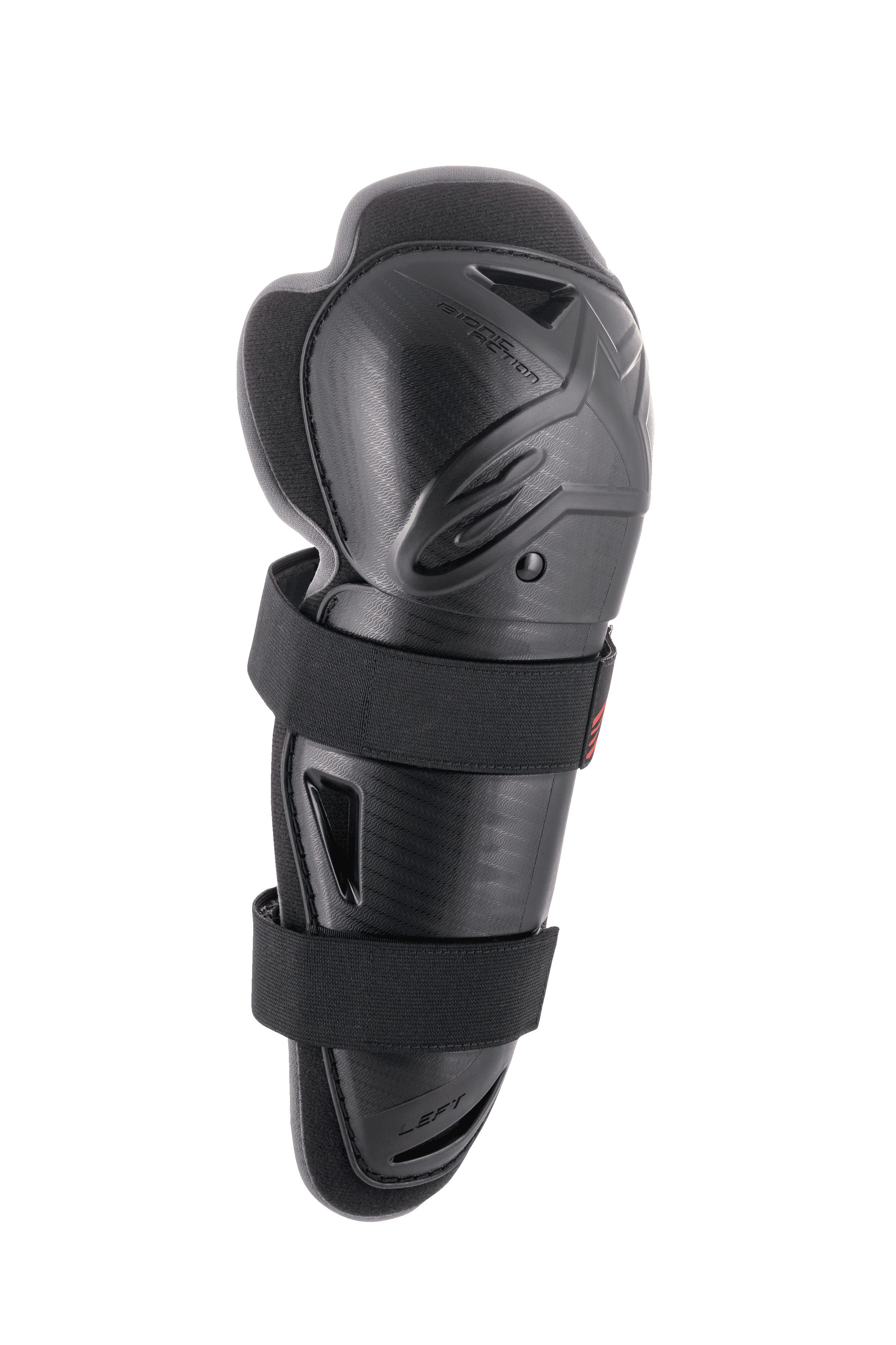 Alpinestars Bionic Action Knee Protector, nero, ginocchiera singola sinistra, protezione a guscio rigido con doppie cinghie elasticizzate, protezione dagli impatti per motocross e fuoristrada, design ergonomico ventilato con imbottitura ammortizzata