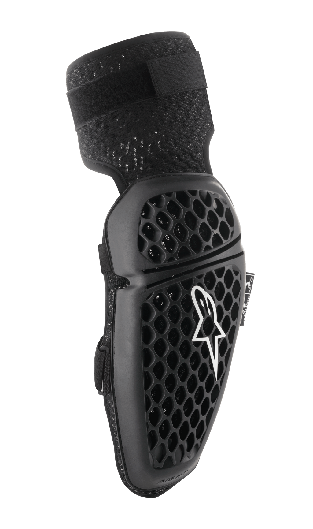 Alpinestars Bionic Plus, gomitiere protettive da motocross, nere, pattern a nido d'ape per la ventilazione, design ergonomico curvo, cinturino elastico testurizzato, certificate CE, vista laterale destra