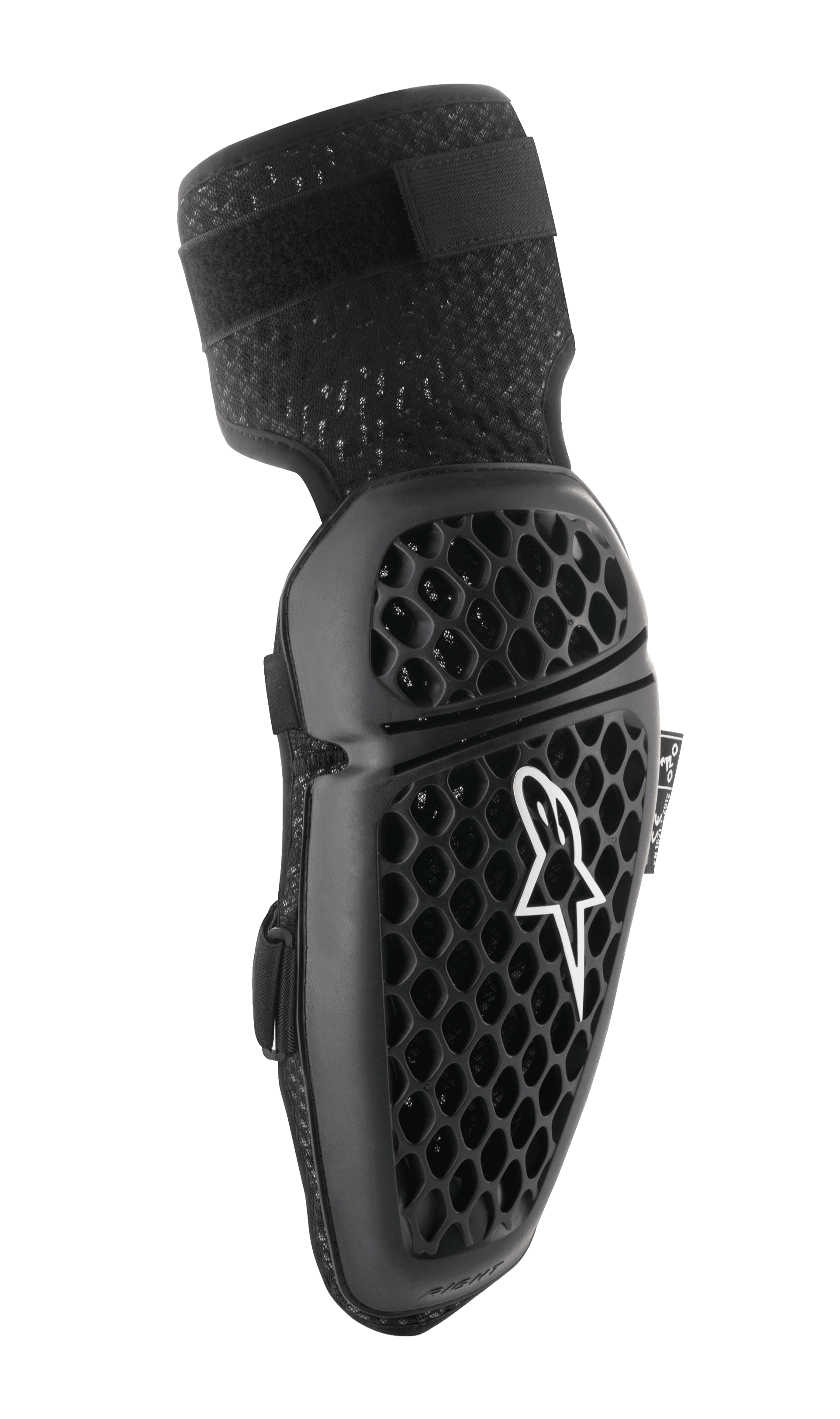 Alpinestars Bionic Plus, gomitiere protettive da motocross, nere, pattern a nido d'ape per la ventilazione, design ergonomico curvo, cinturino elastico testurizzato, certificate CE, vista laterale destra