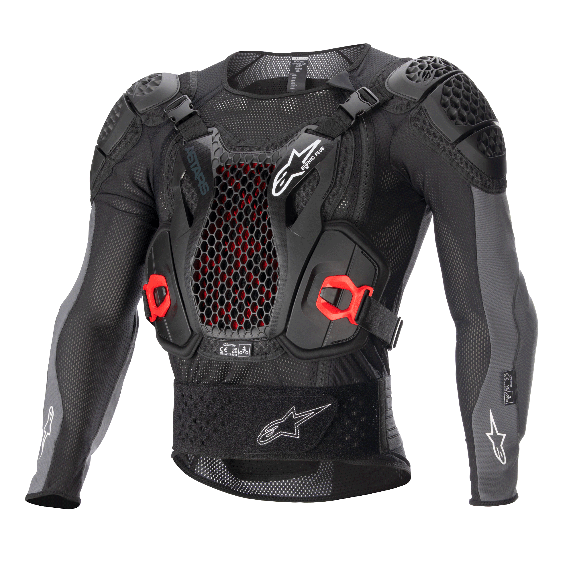 Alpinestars Bionic Plus V2 Protection Jacket, pettorina protettiva da motocross, nero e grigio antracite con dettagli rossi, con protezione per il petto a rete a nido d'ape, spalle e gomiti imbottiti, design in rete traspirante per gare off-road