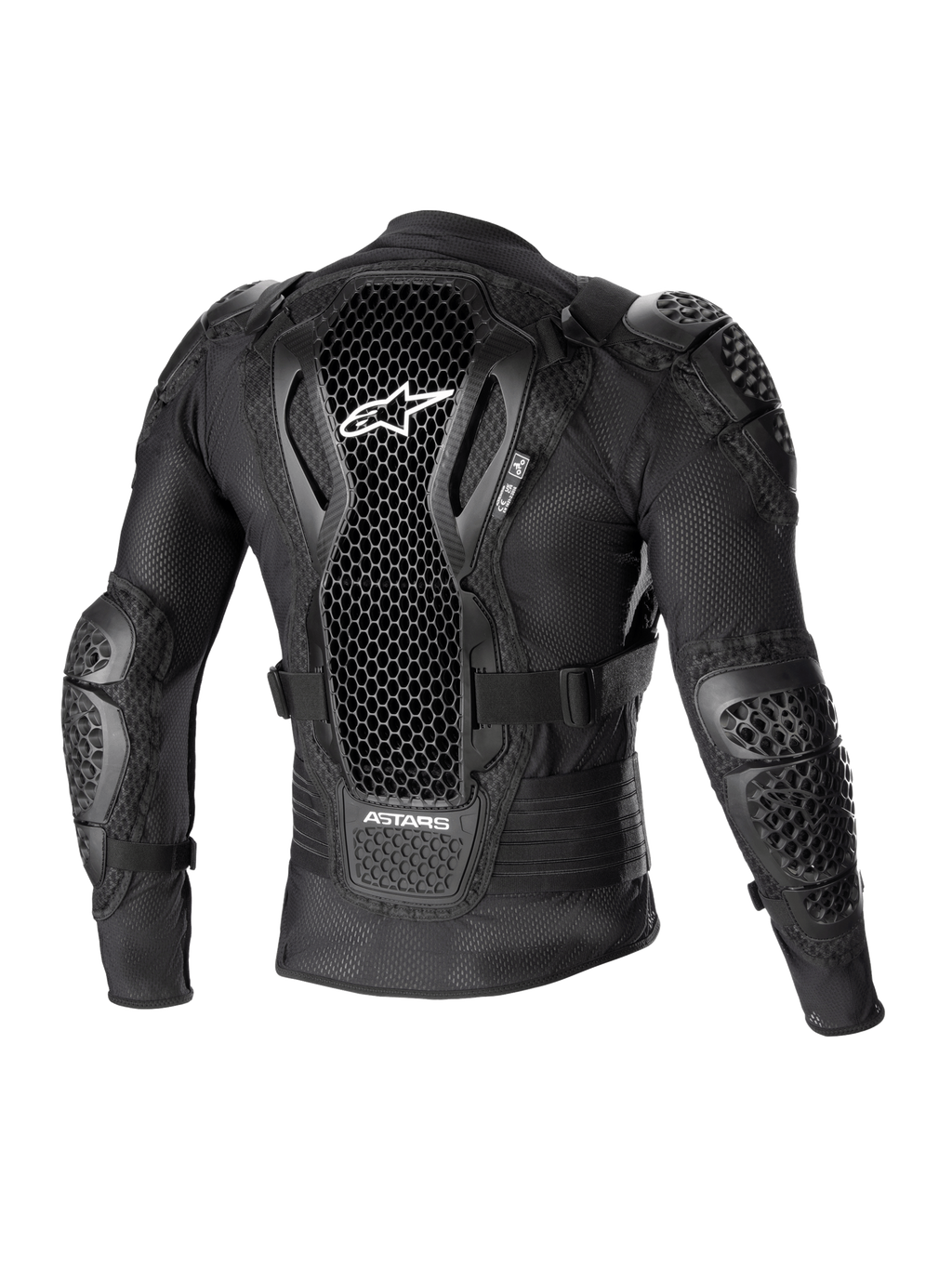 Giacca protettiva Alpinestars Bionic Action V2, vista posteriore, nero, con paraschiena traforato Cell Technology e logo bianco, struttura in mesh con protezioni integrate per spalle e gomiti, progettata per il motocross e il fuoristrada