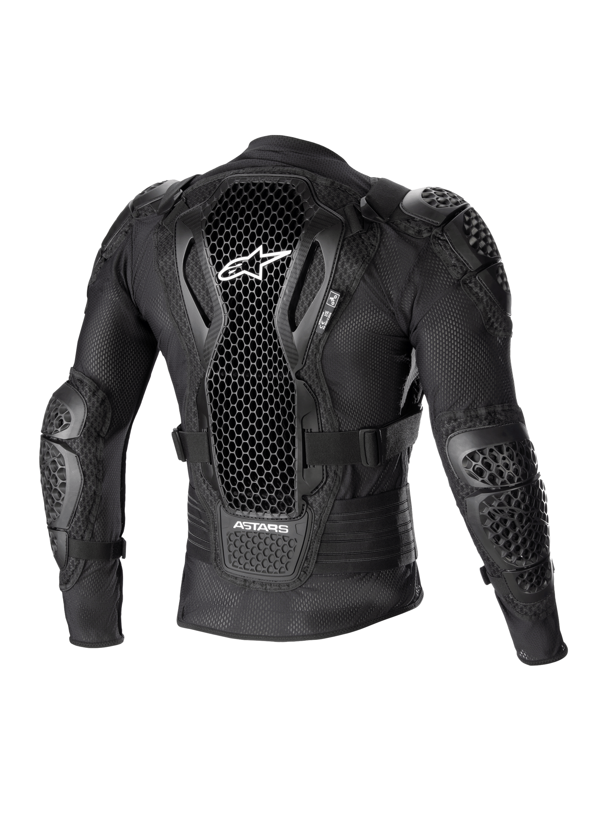 Giacca protettiva Alpinestars Bionic Action V2, vista posteriore, nero, con paraschiena traforato Cell Technology e logo bianco, struttura in mesh con protezioni integrate per spalle e gomiti, progettata per il motocross e il fuoristrada