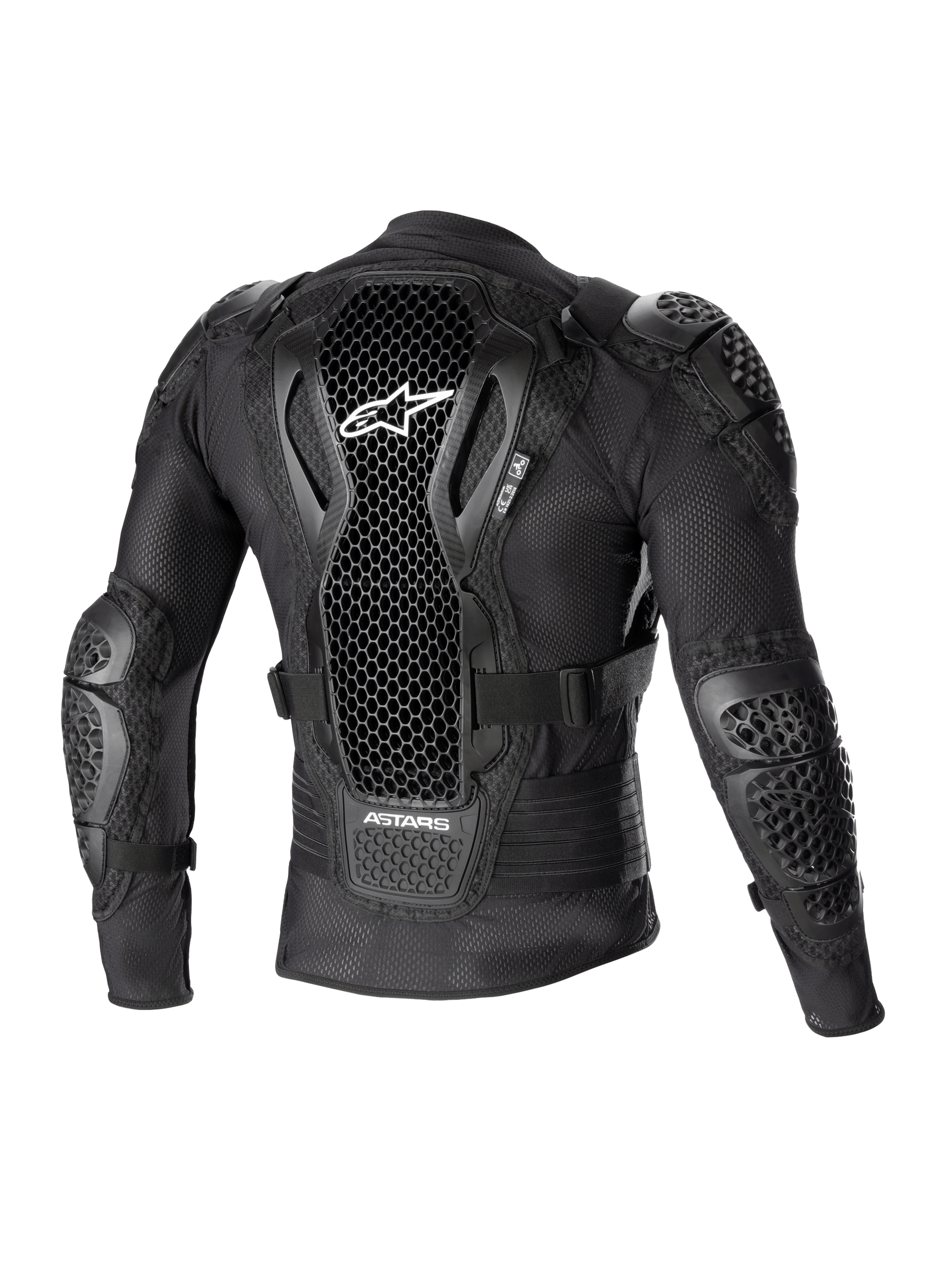 Giacca protettiva Alpinestars Bionic Action V2, vista posteriore, nero, con paraschiena traforato Cell Technology e logo bianco, struttura in mesh con protezioni integrate per spalle e gomiti, progettata per il motocross e il fuoristrada