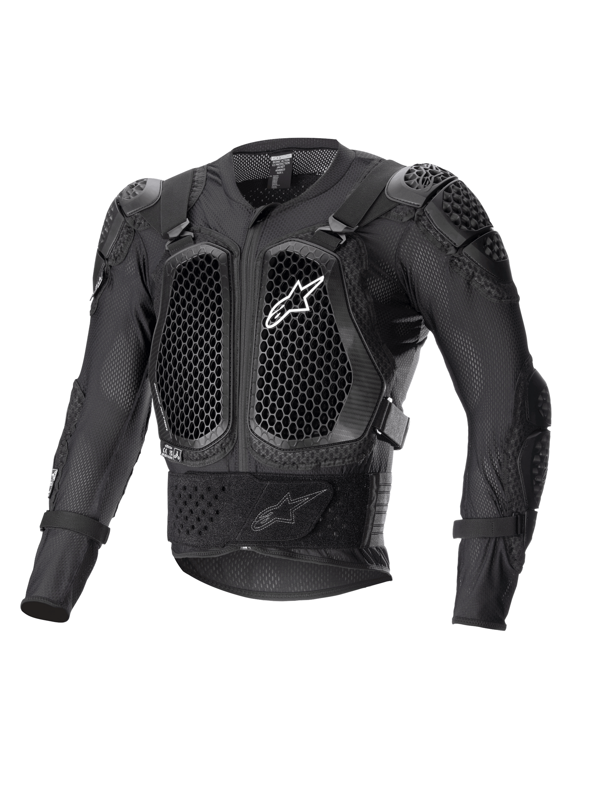 Giacca protettiva Alpinestars Bionic Action V2, nero, con protezioni per petto e gomiti con tecnologia Cell a nido d'ape, costruzione in rete traspirante, logo Alpinestars bianco sul petto, equipaggiamento protettivo per moto fuoristrada
