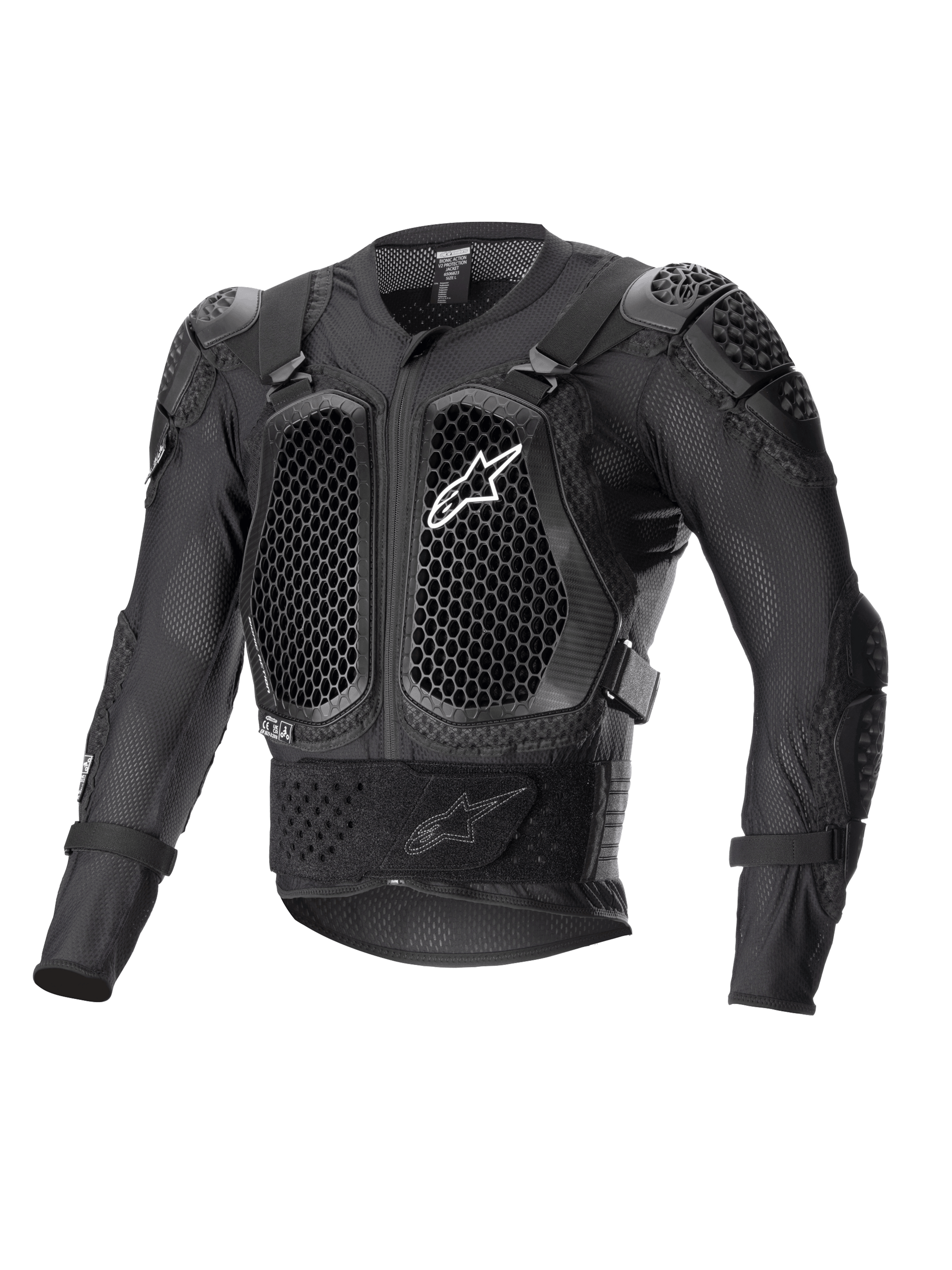Giacca protettiva Alpinestars Bionic Action V2, nero, con protezioni per petto e gomiti con tecnologia Cell a nido d'ape, costruzione in rete traspirante, logo Alpinestars bianco sul petto, equipaggiamento protettivo per moto fuoristrada