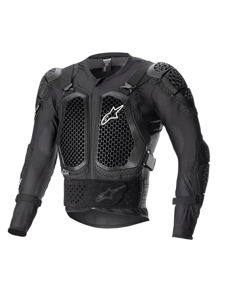Giacca protettiva Alpinestars Bionic Action V2, nero, con protezioni per petto e gomiti con tecnologia Cell a nido d'ape, costruzione in rete traspirante, logo Alpinestars bianco sul petto, equipaggiamento protettivo per moto fuoristrada