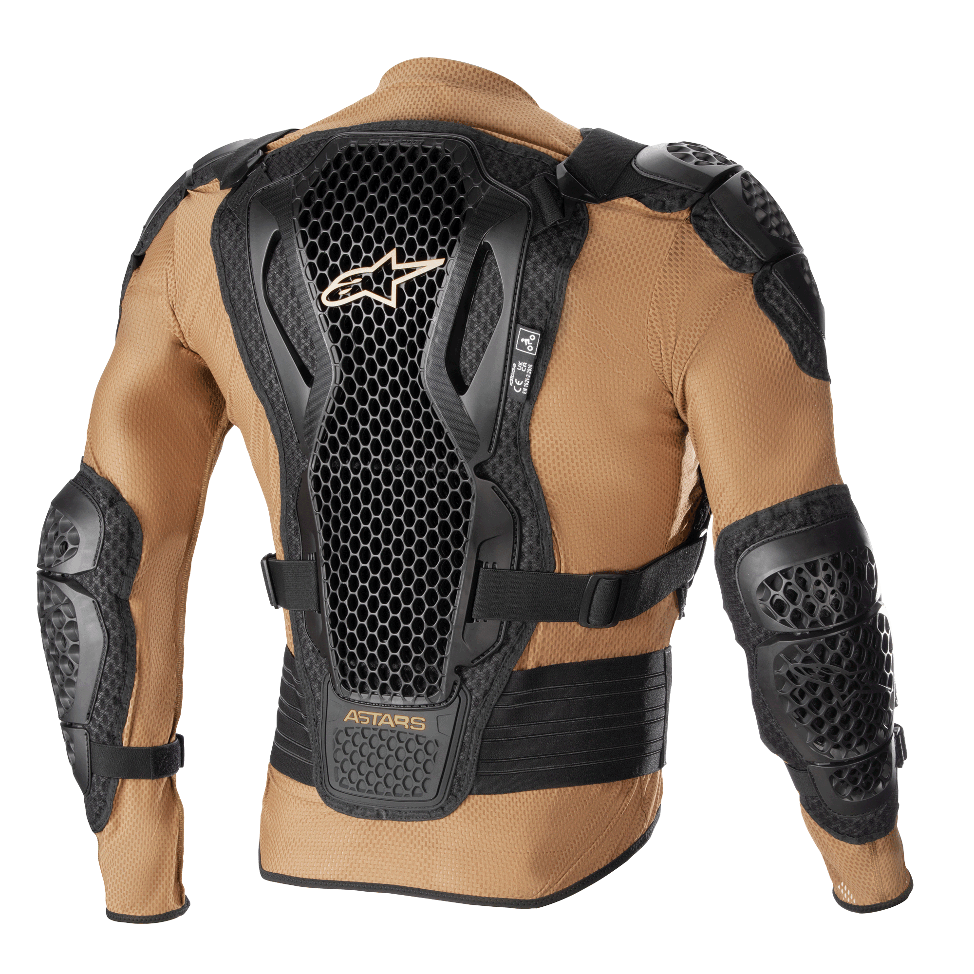 Giacca protettiva Alpinestars Bionic Action V2, Sand Black e Tangerine, vista posteriore con paraschiena a tecnologia Cell dal design a nido d'ape, protezioni integrate per spalle e gomiti, costruzione in mesh traspirante color sabbia