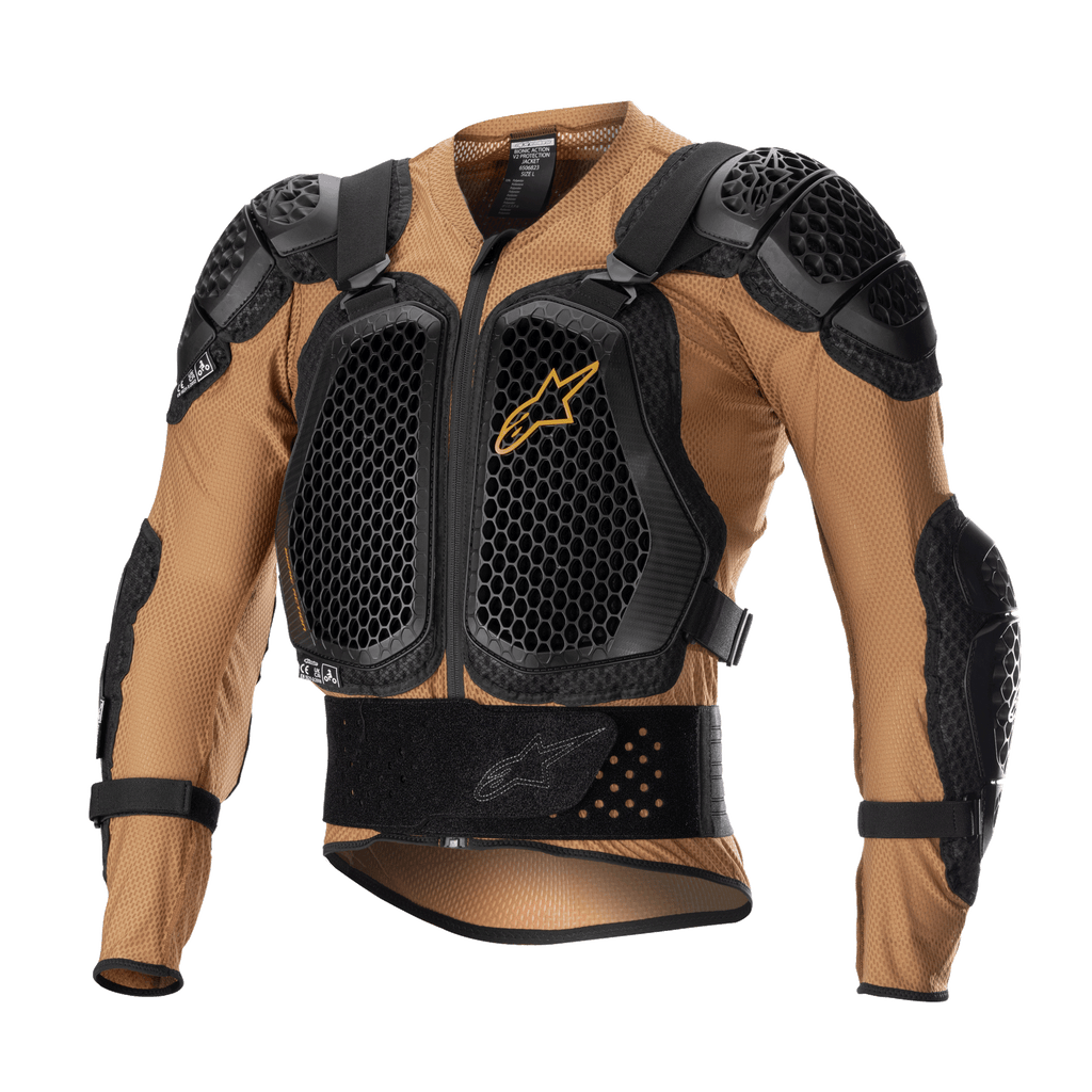 Alpinestars Bionic Action V2 Protection Jacket, giacca protettiva per moto, sabbia e nero con dettagli tangerine, dotata di placche su petto e spalle con tecnologia Cell a nido d'ape, struttura in mesh traspirante, fascia lombare integrata e cinghie regolabili, certificata CE per motocross e guida fuoristrada