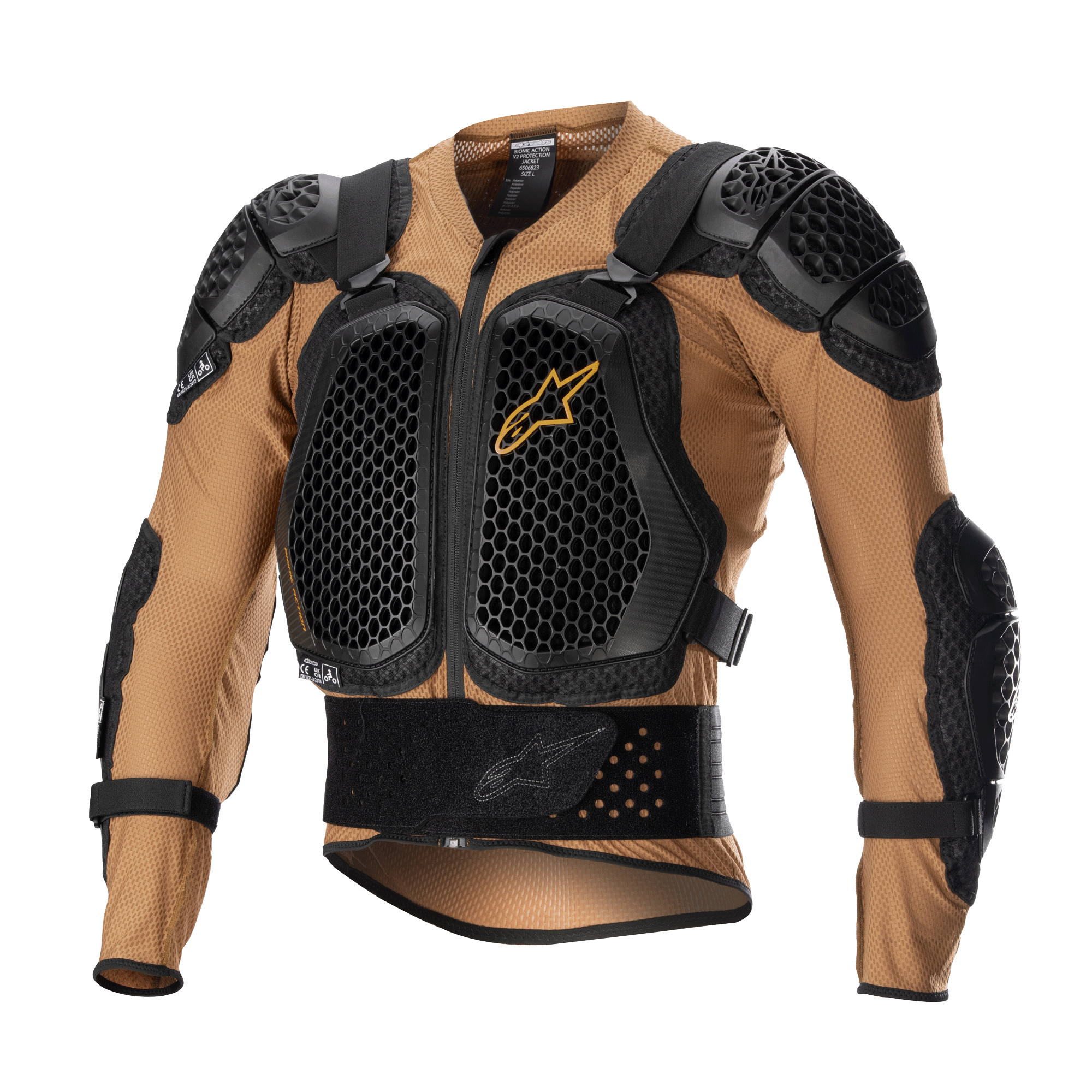 Alpinestars Bionic Action V2 Protection Jacket, giacca protettiva per moto, sabbia e nero con dettagli tangerine, dotata di placche su petto e spalle con tecnologia Cell a nido d'ape, struttura in mesh traspirante, fascia lombare integrata e cinghie regolabili, certificata CE per motocross e guida fuoristrada