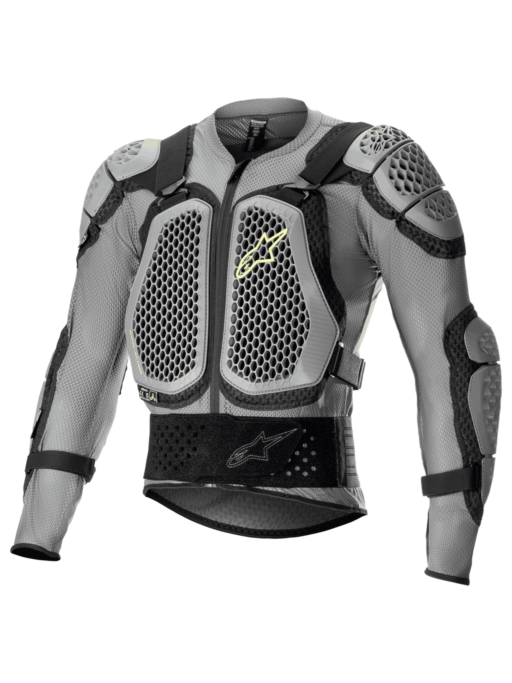 Alpinestars Bionic Action V2 Protection Jacket, giacca protettiva da moto off-road, grigia e nera con accenti giallo fluo, con protezioni a nido d'ape tecnologia Cell su petto e spalle, struttura in rete traspirante, cinghie regolabili e fascia in vita per motocross ed enduro