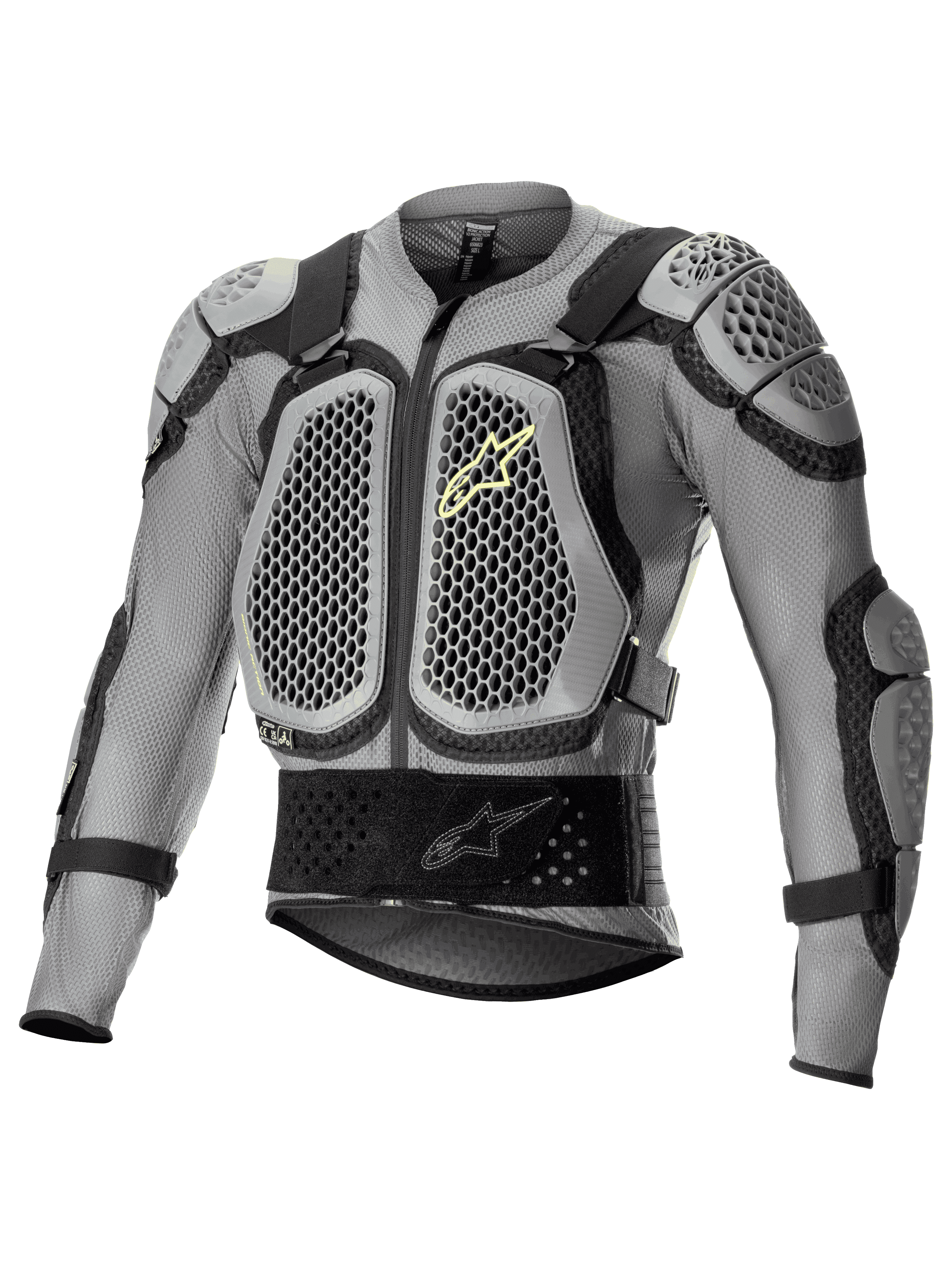 Alpinestars Bionic Action V2 Protection Jacket, giacca protettiva da moto off-road, grigia e nera con accenti giallo fluo, con protezioni a nido d'ape tecnologia Cell su petto e spalle, struttura in rete traspirante, cinghie regolabili e fascia in vita per motocross ed enduro