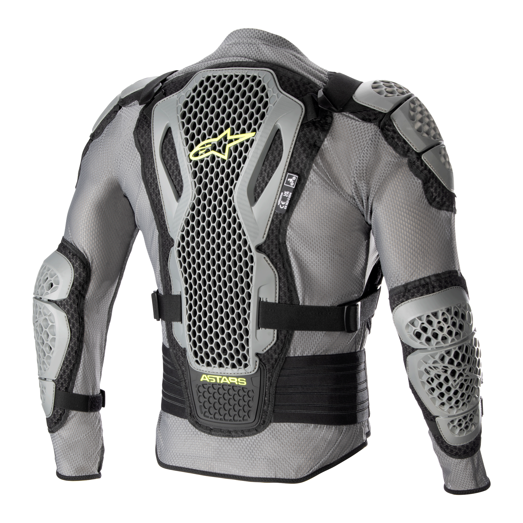 Giacca protettiva Alpinestars Bionic Action V2, vista posteriore, grigio e nero con accenti giallo fluo, dotata di protezioni per schiena, spalle e gomiti con tecnologia Cell altamente traforata, telaio in mesh grigio con cinghie regolabili nere e marchio Astars giallo