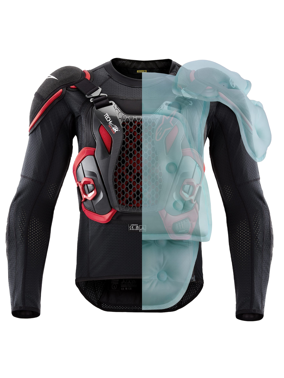 Alpinestars Airbag Tech-Air® Off-Road, giacca airbag protettiva da moto enduro e rally, nera e rossa, con copertura dell'airbag attiva visibile su un lato, omologata FIM e certificata CE