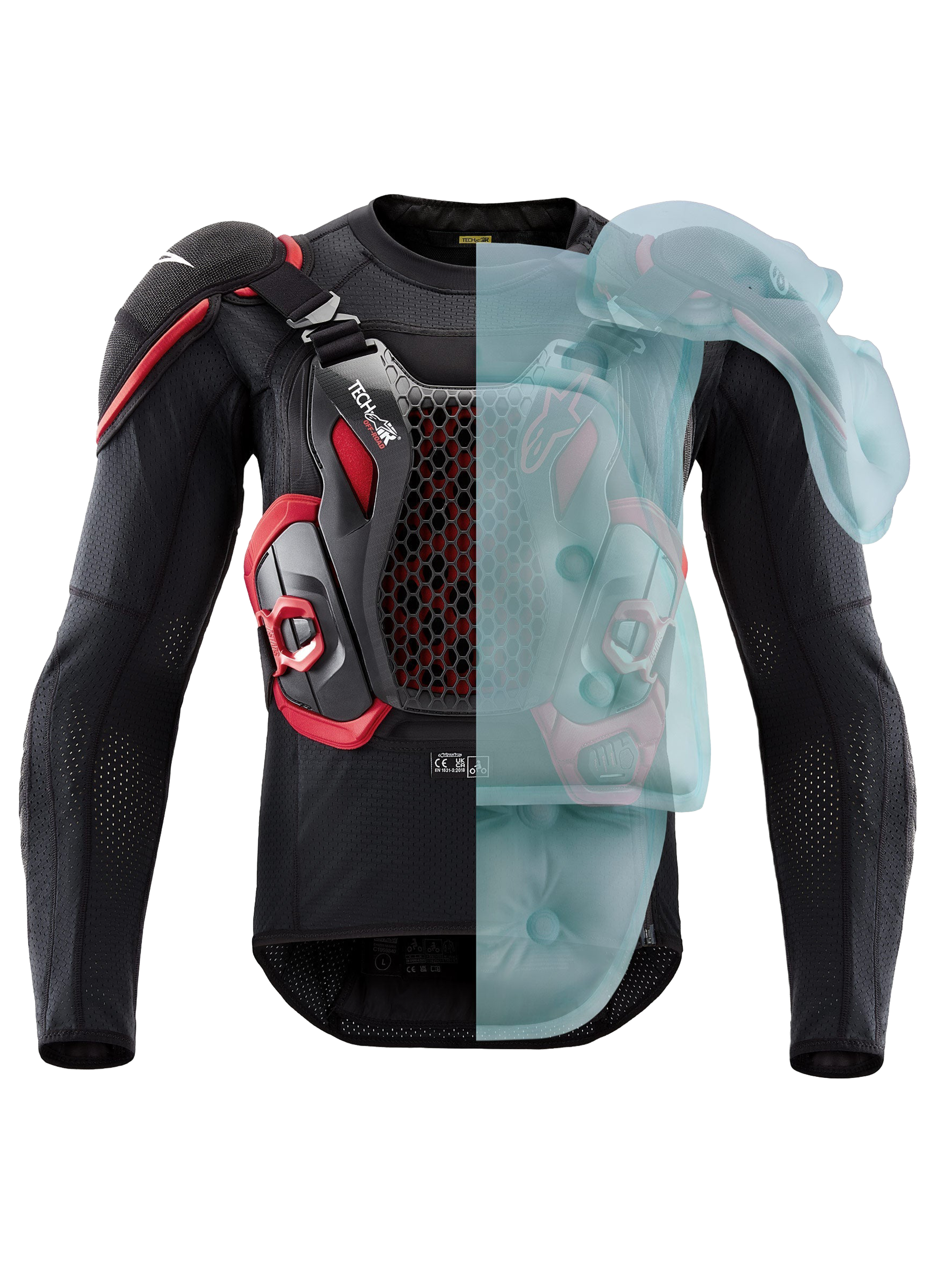 Alpinestars Airbag Tech-Air® Off-Road, giacca airbag protettiva da moto enduro e rally, nera e rossa, con copertura dell'airbag attiva visibile su un lato, omologata FIM e certificata CE