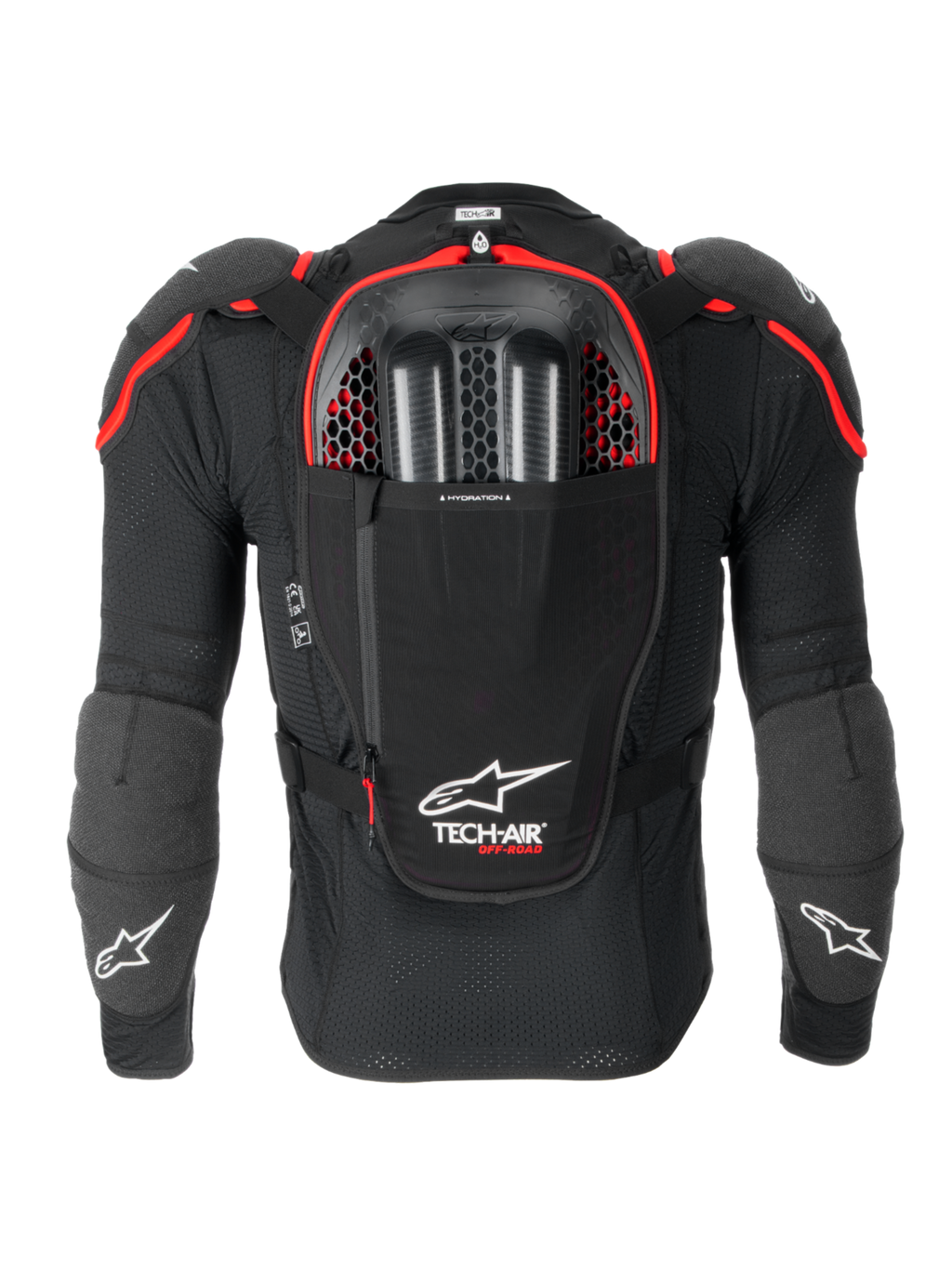 Alpinestars Airbag Tech-Air® Off-Road, sistema airbag off-road per moto, vista posteriore in nero e rosso, con paraschiena Nucleon CELL integrato, scomparto per sacca idrica e protezione CE Livello 1