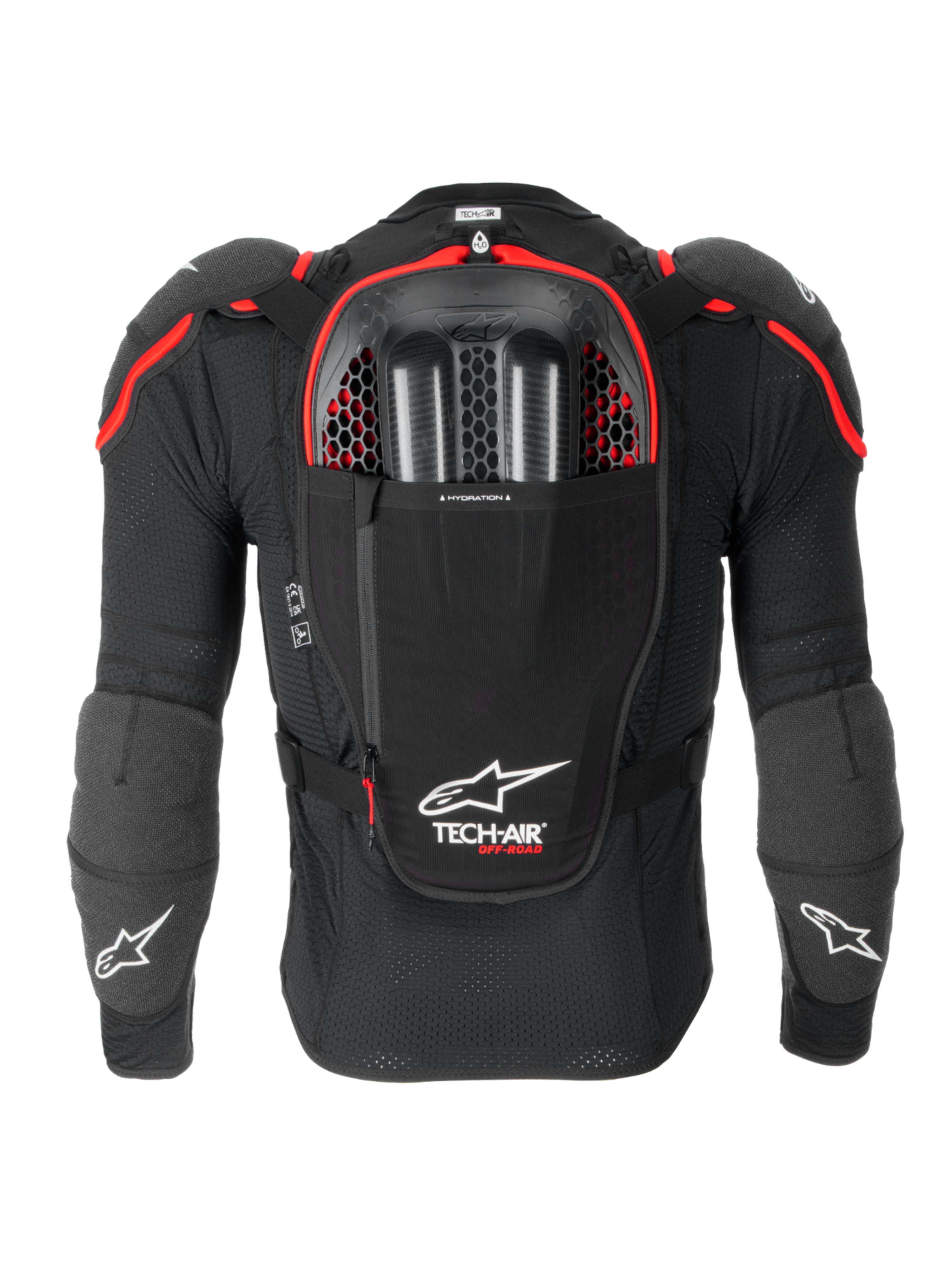 Alpinestars Airbag Tech-Air® Off-Road, sistema airbag off-road per moto, vista posteriore in nero e rosso, con paraschiena Nucleon CELL integrato, scomparto per sacca idrica e protezione CE Livello 1