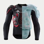 Airbag Tech-Air® Off-Road, vista divisa della giacca protettiva nera e rossa con airbag azzurro gonfiato.