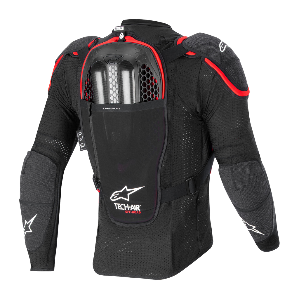 Airbag Tech-Air® Off-Road, vista posteriore, giacca protettiva nera e rossa in mesh con paraschiena e due bombole a gas.