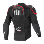 Airbag Tech-Air® Off-Road, vista posteriore, giacca protettiva nera e rossa in mesh con paraschiena e due bombole a gas.