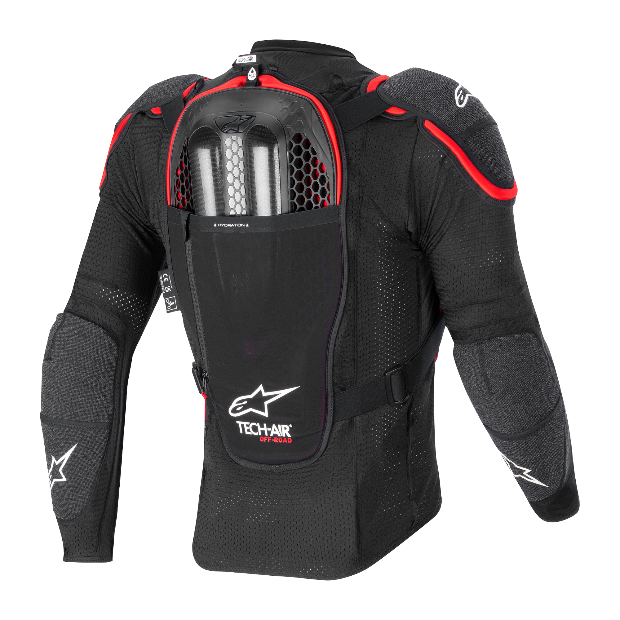 Airbag Tech-Air® Off-Road, vista posteriore, giacca protettiva nera e rossa in mesh con paraschiena e due bombole a gas.