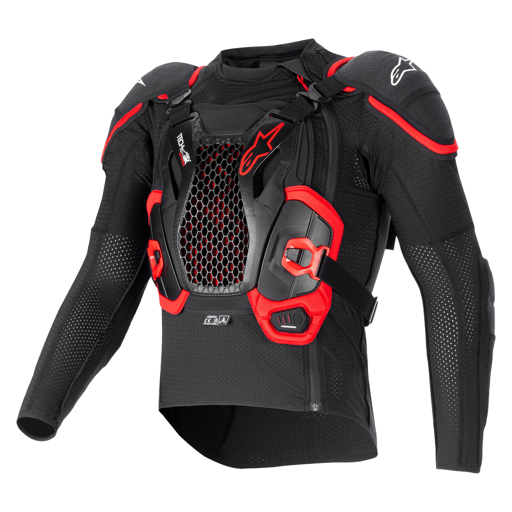 Giacca protettiva Alpinestars Tech-Air® Off-Road System, nero e rosso, con protezione torace a nido d'ape e mesh traspirante.