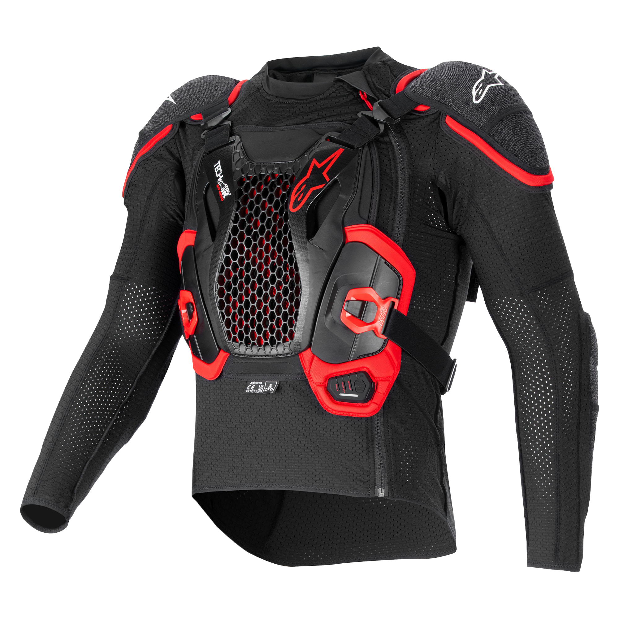 Giacca protettiva Alpinestars Tech-Air® Off-Road System, nero e rosso, con protezione torace a nido d'ape e mesh traspirante.