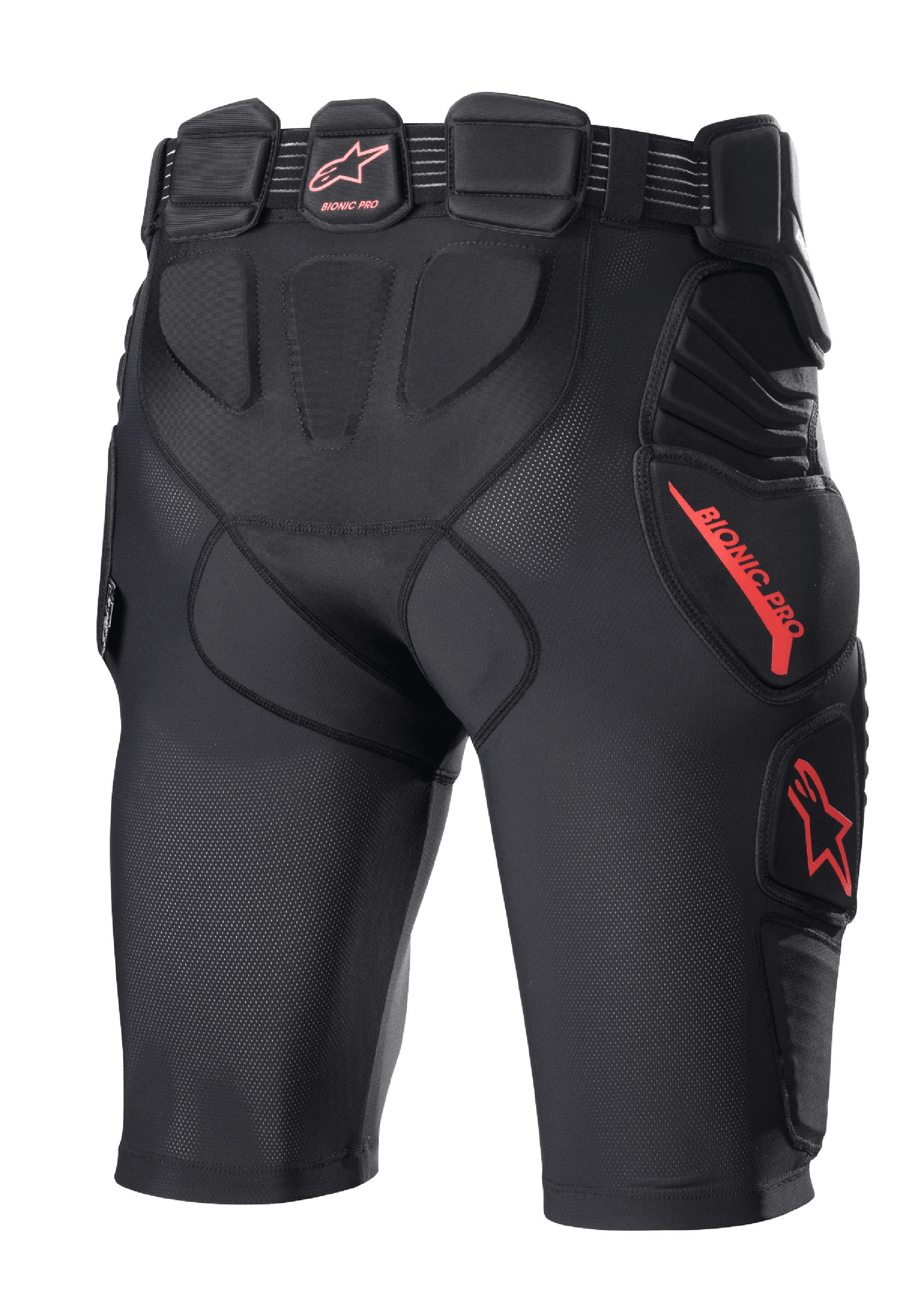 Alpinestars Bionic Pro Protection Shorts, pantaloncini protettivi da motocross, nero e rosso, vista posteriore con imbottitura integrata su fianchi e cosce, struttura in rete traspirante, logo e marchio Alpinestars rossi, strato protettivo di base per la guida fuoristrada