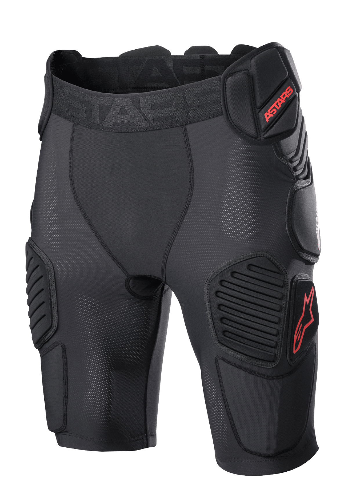 Alpinestars Bionic Pro Protection Shorts, pantaloncini protettivi da motocross, nero e rosso, con imbottiture protettive su fianchi e cosce, rivestimento in rete traspirante, elastico in vita con logo ASTARS rosso, design tecnico per la protezione dagli impatti fuori strada