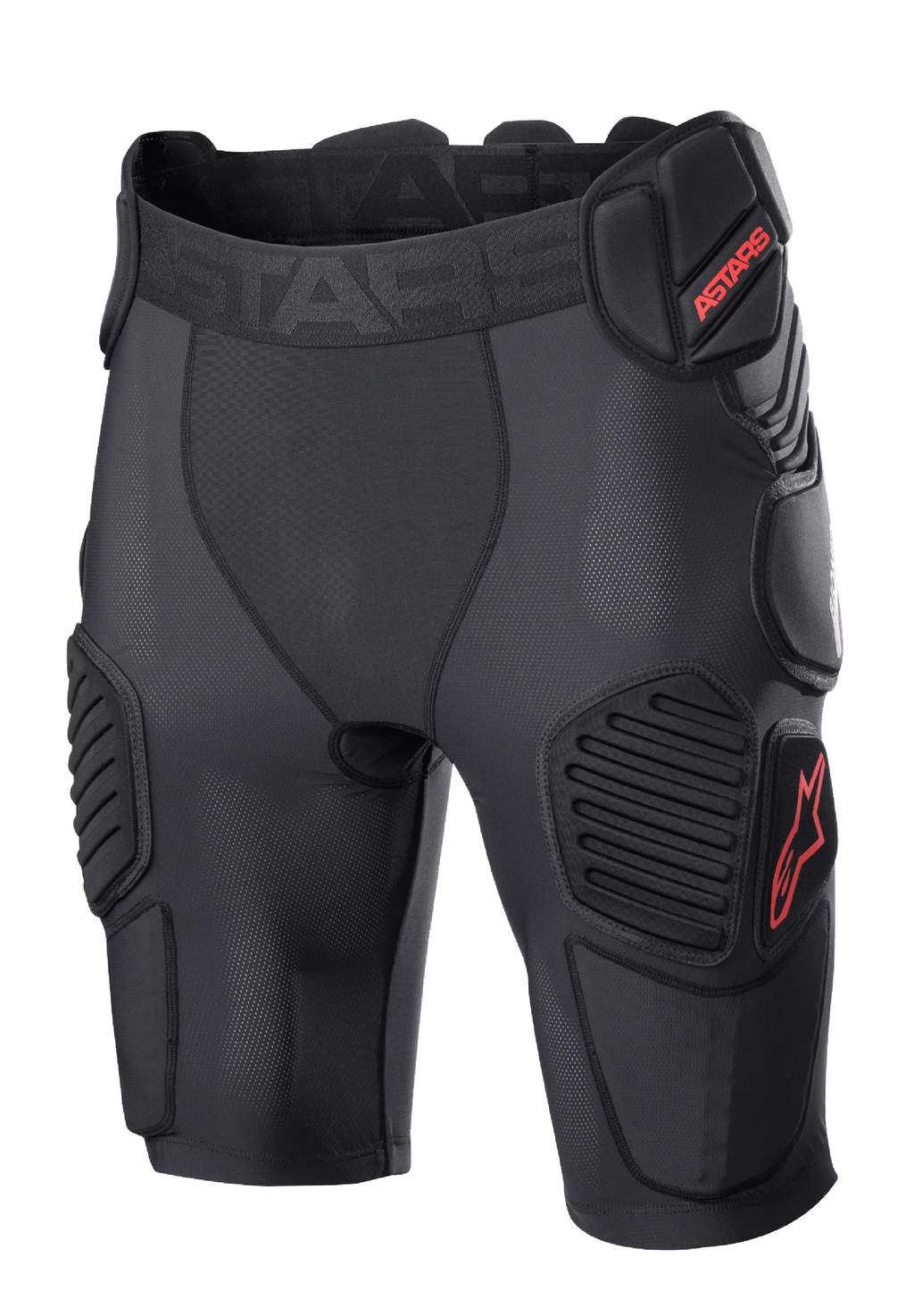 Alpinestars Bionic Pro Protection Shorts, pantaloncini protettivi da motocross, nero e rosso, con imbottiture protettive su fianchi e cosce, rivestimento in rete traspirante, elastico in vita con logo ASTARS rosso, design tecnico per la protezione dagli impatti fuori strada