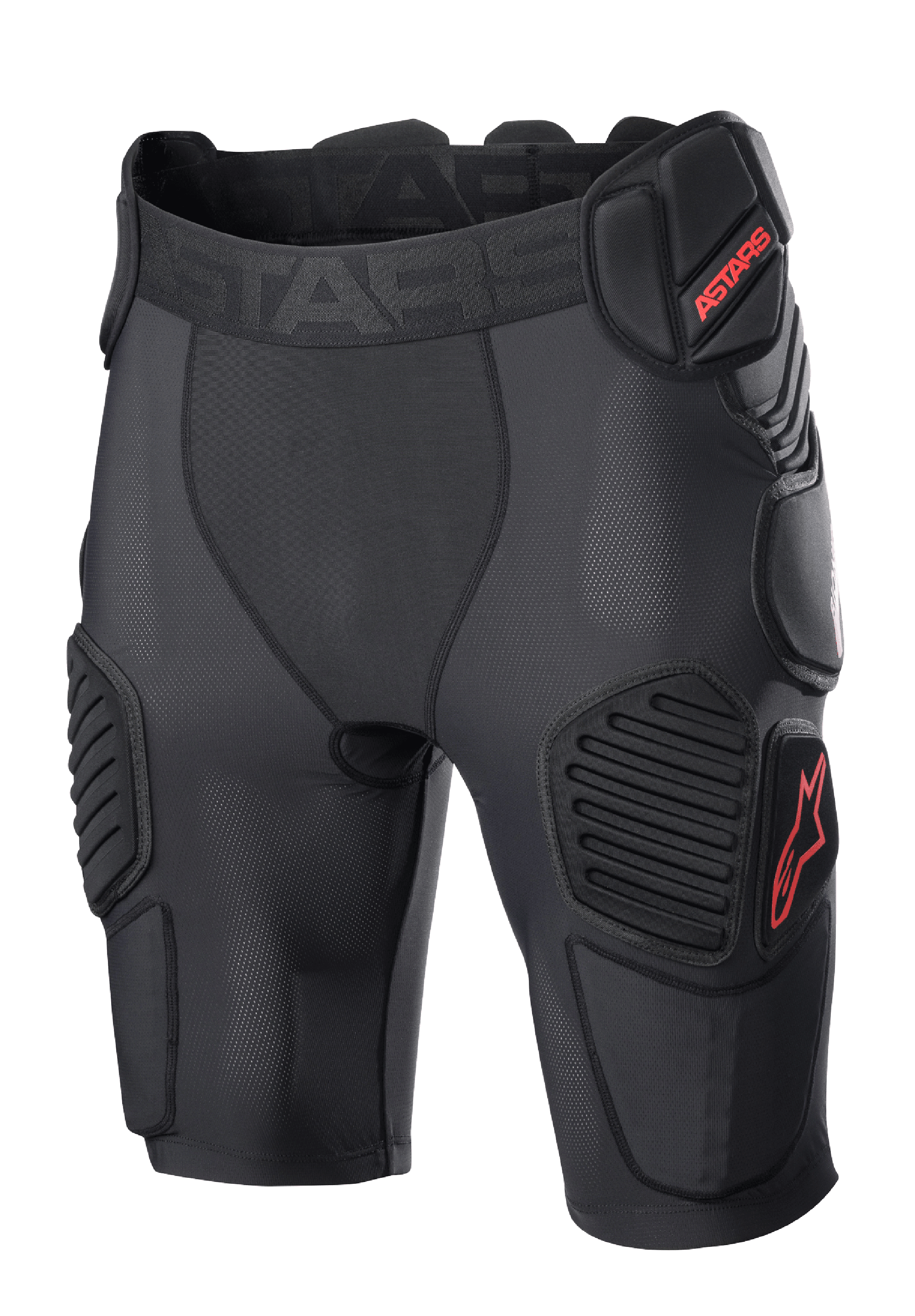 Alpinestars Bionic Pro Protection Shorts, pantaloncini protettivi da motocross, nero e rosso, con imbottiture protettive su fianchi e cosce, rivestimento in rete traspirante, elastico in vita con logo ASTARS rosso, design tecnico per la protezione dagli impatti fuori strada