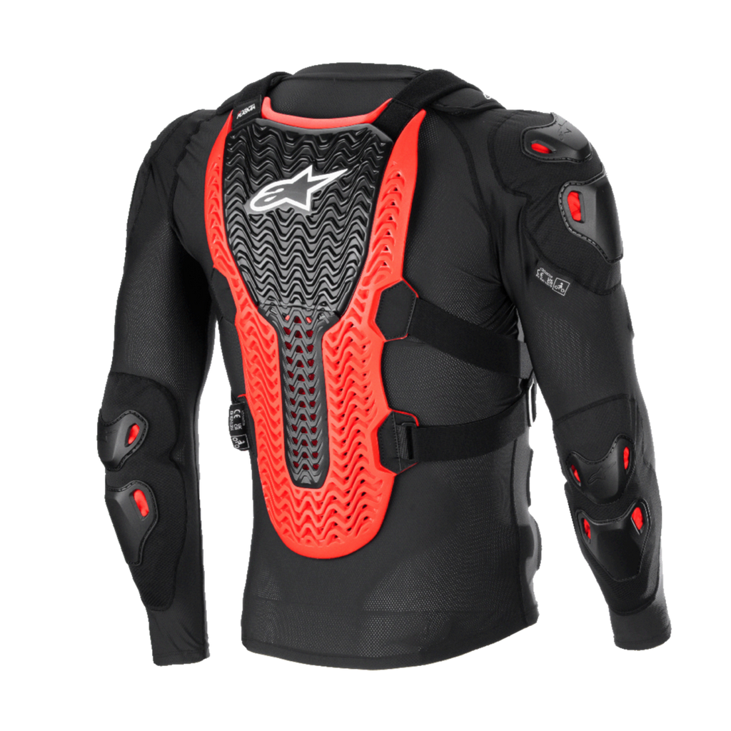 Alpinestars Bionic XTR Plasma Protection Jacket, nero, rosso e bianco, vista posteriore che mostra l'ampio paraschiena Nucleon PLASMA a coste, imbottiture su spalle e gomiti, costruzione in rete nera per la protezione nel motocross fuoristrada
