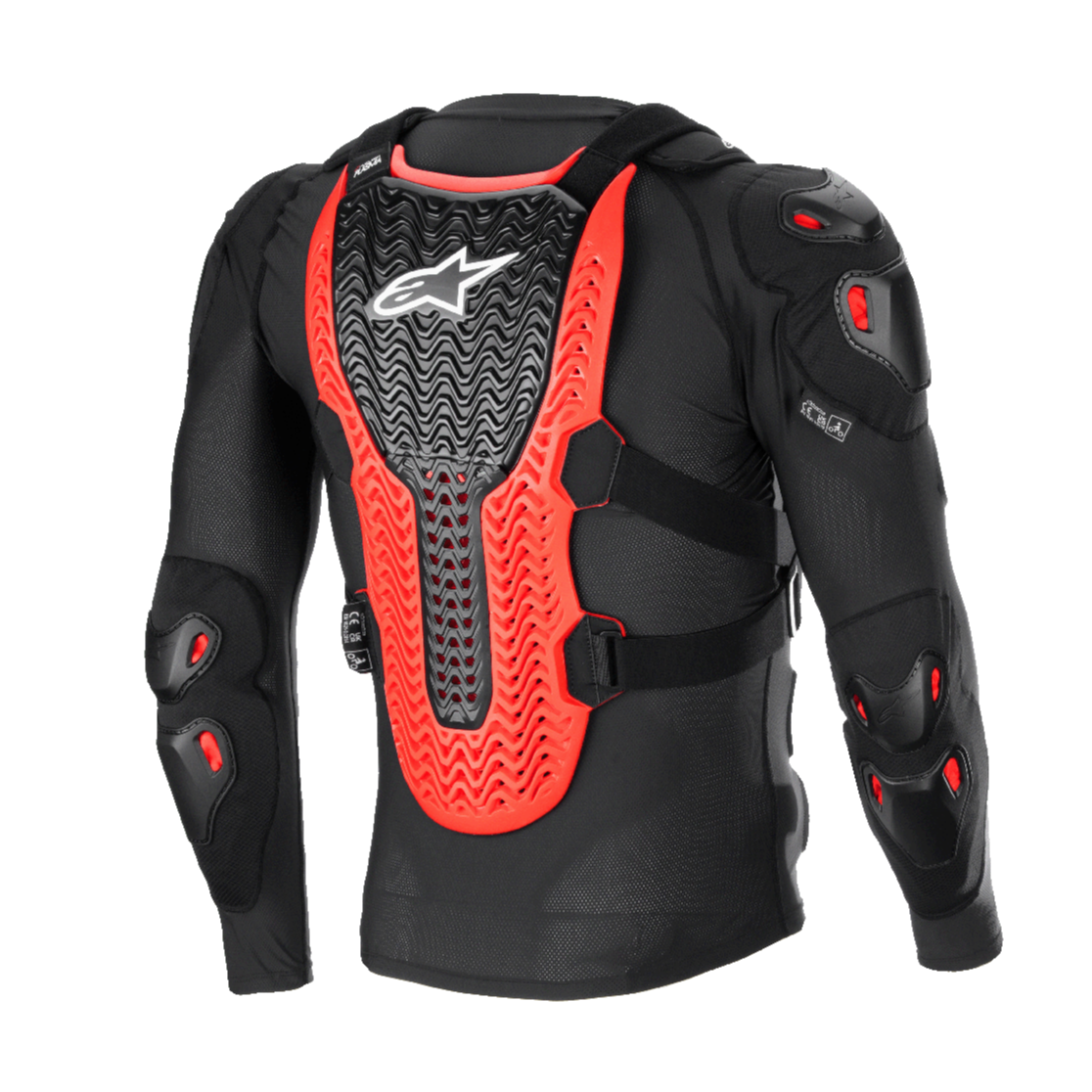 Alpinestars Bionic XTR Plasma Protection Jacket, nero, rosso e bianco, vista posteriore che mostra l'ampio paraschiena Nucleon PLASMA a coste, imbottiture su spalle e gomiti, costruzione in rete nera per la protezione nel motocross fuoristrada