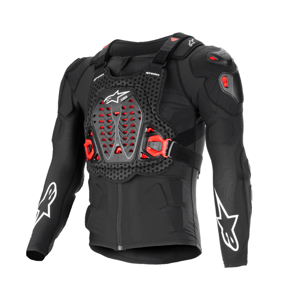 Giacca protettiva Alpinestars Bionic XTR Plasma, nera con dettagli rossi e bianchi, protezione corpo per moto, struttura in rete traspirante, piastra toracica ventilata con inserti Nucleon PLASMA rossi, loghi a stella bianchi sulle maniche, fibbie laterali regolabili, equipaggiamento off-road ad alto impatto