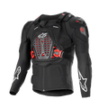 Giacca protettiva Alpinestars Bionic XTR Plasma, nera con dettagli rossi e bianchi, protezione corpo per moto, struttura in rete traspirante, piastra toracica ventilata con inserti Nucleon PLASMA rossi, loghi a stella bianchi sulle maniche, fibbie laterali regolabili, equipaggiamento off-road ad alto impatto