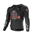 Giacca protettiva Alpinestars Bionic XTR Plasma, nera con dettagli rossi e bianchi, protezione corpo per moto, struttura in rete traspirante, piastra toracica ventilata con inserti Nucleon PLASMA rossi, loghi a stella bianchi sulle maniche, fibbie laterali regolabili, equipaggiamento off-road ad alto impatto
