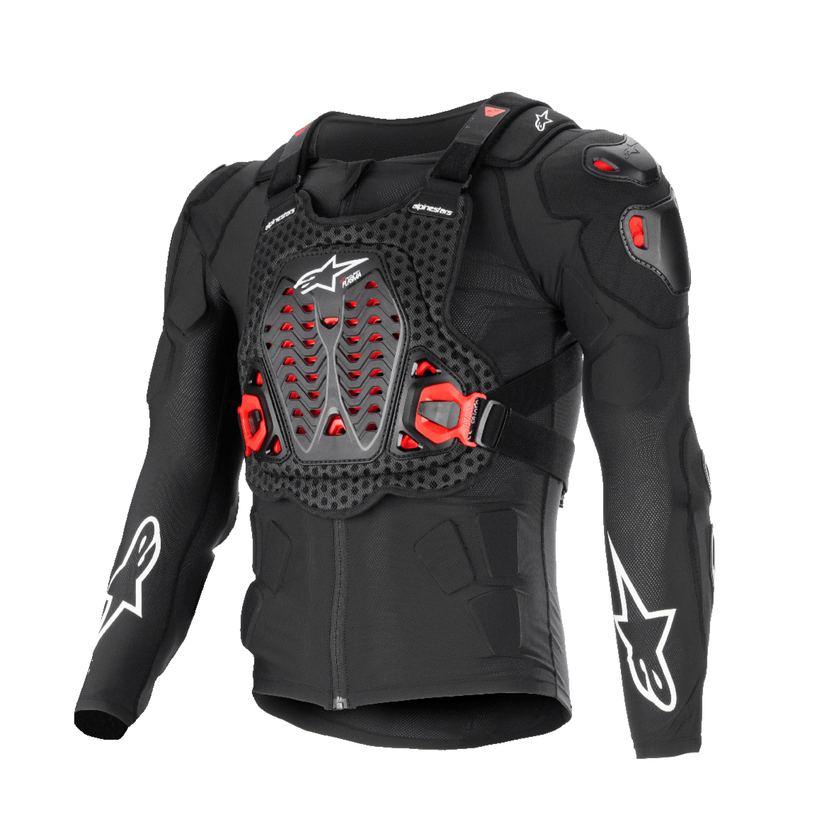 Giacca protettiva Alpinestars Bionic XTR Plasma, nera con dettagli rossi e bianchi, protezione corpo per moto, struttura in rete traspirante, piastra toracica ventilata con inserti Nucleon PLASMA rossi, loghi a stella bianchi sulle maniche, fibbie laterali regolabili, equipaggiamento off-road ad alto impatto