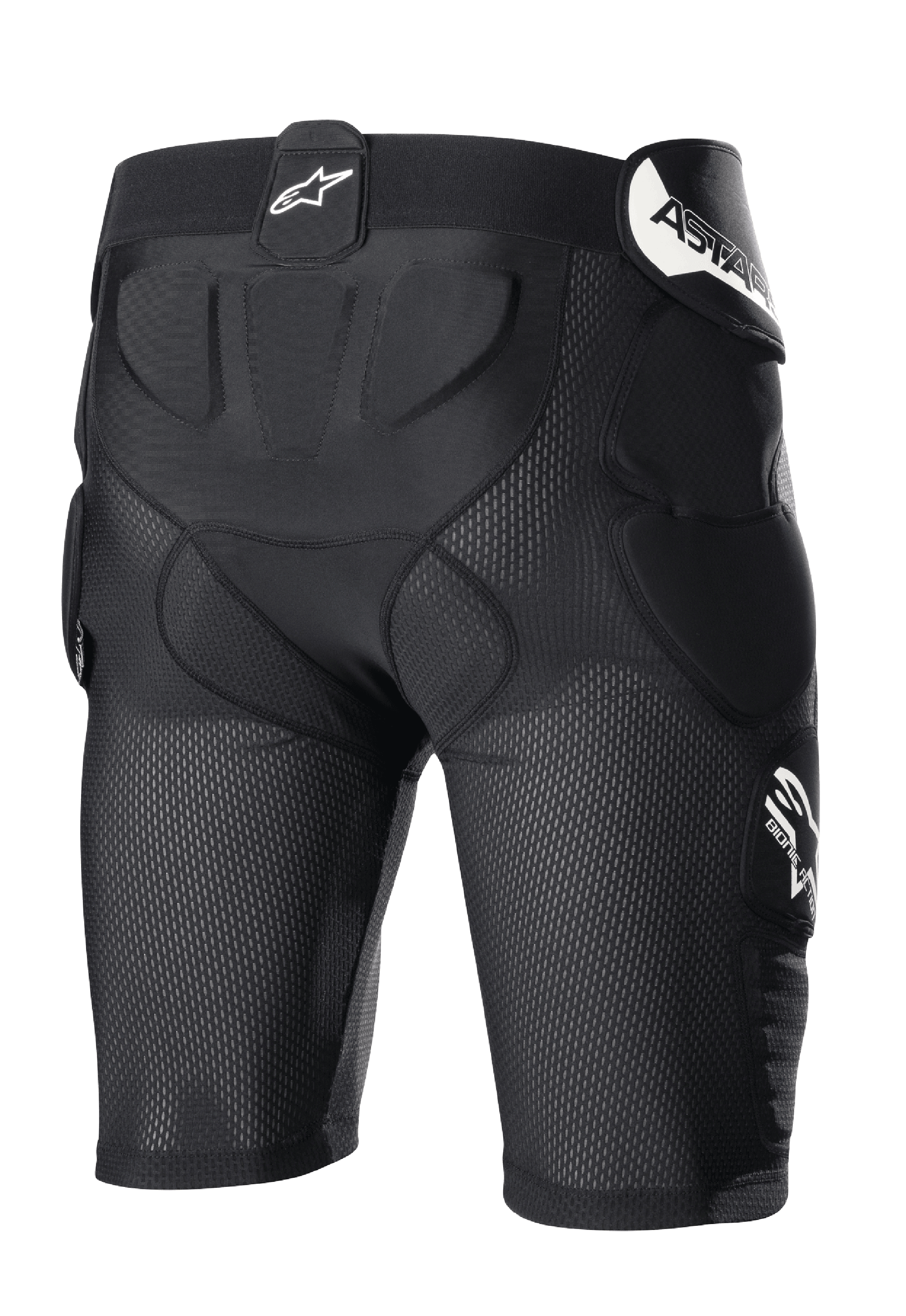 Alpinestars Bionic Action Protection Shorts, pantaloncini protettivi da motocross, nero, struttura in rete traspirante, imbottitura integrata su fianchi e coccige, logo bianco sulla vita e sul fianco
